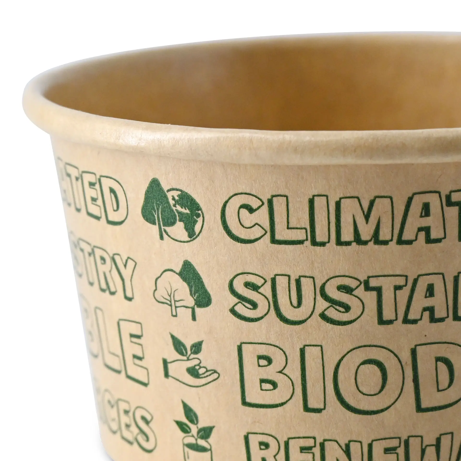 Coppa di carta marrone per gelato con design EcoUp e icone di sostenibilità; capacità di 4 oz, biodegradabile, certificato FSC.