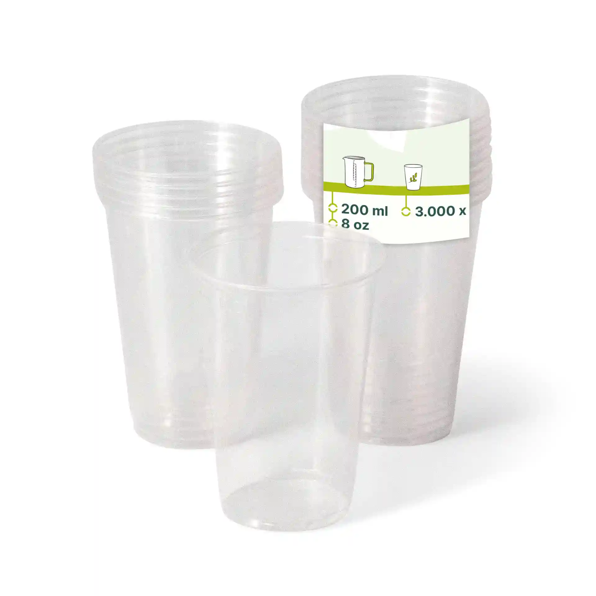 Bicchieri di plastica trasparenti impilati, con un bicchiere davanti che mostra un'etichetta con capacità di 200 ml.