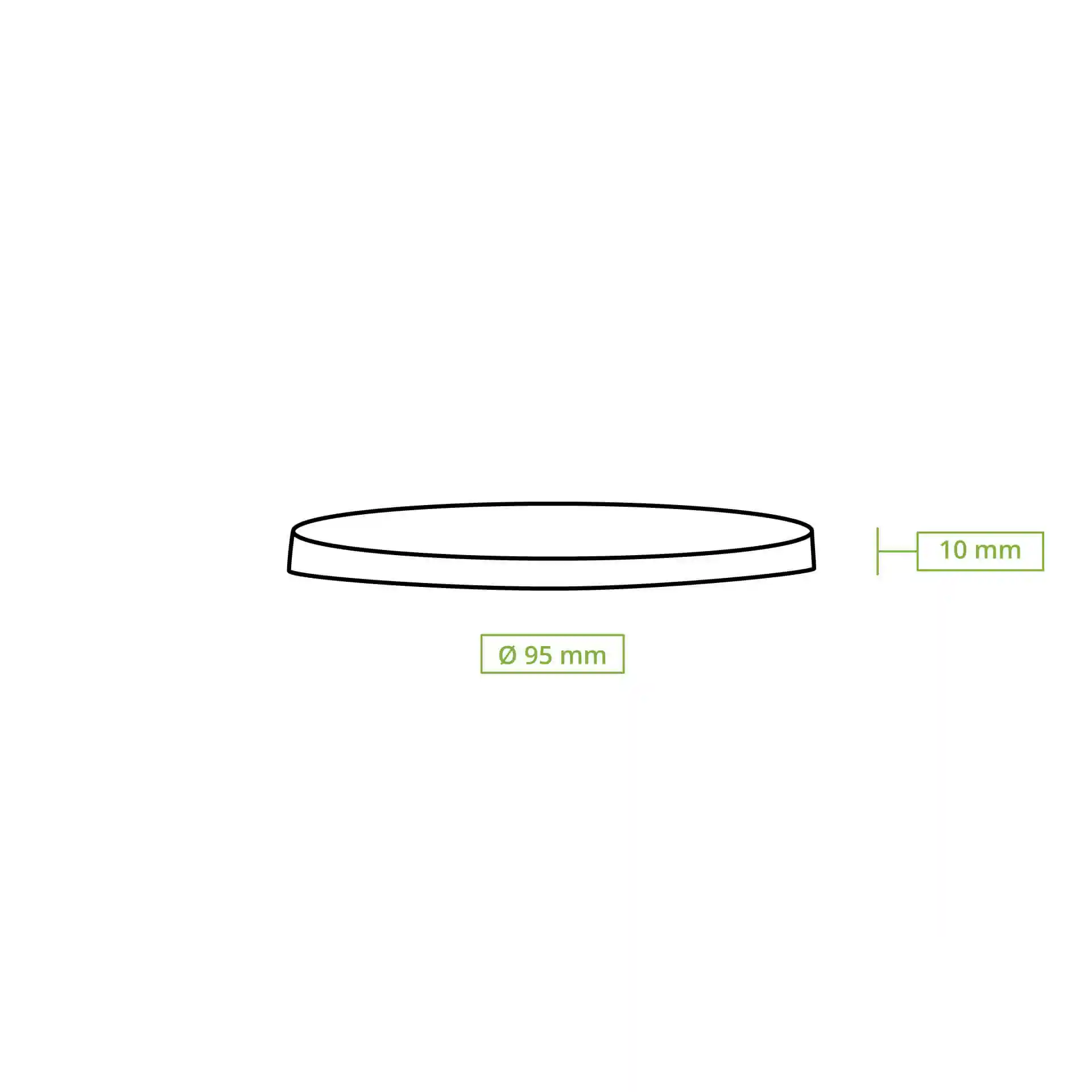 Disegno schematico di un coperchio piatto con un diametro di 95 mm e un'altezza di 10 mm.
