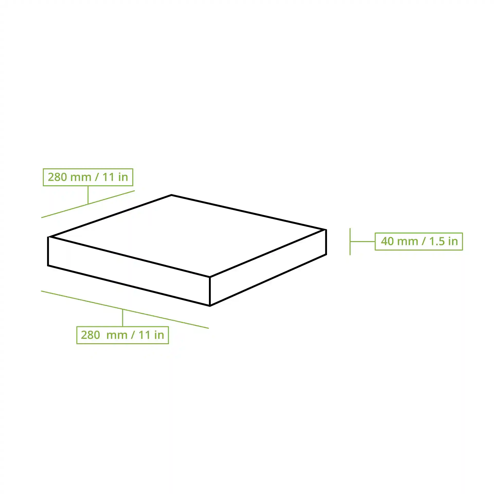 Disegno schematico di una scatola per pizza quadrata con dimensioni di 280 mm x 280 mm x 40 mm.