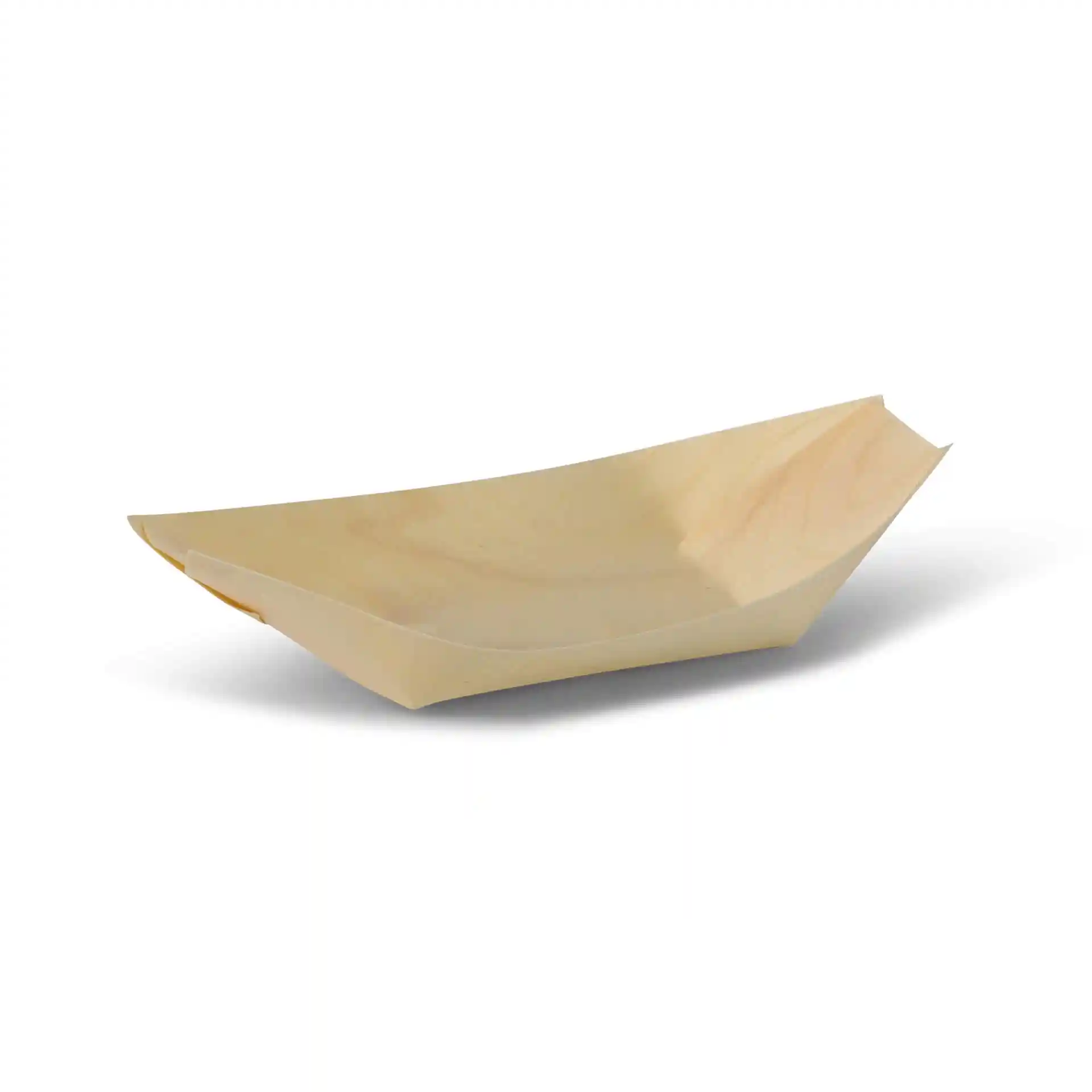 Vassoio da portata in legno a forma di barca, marrone chiaro, lungo 17 cm, largo 9,5 cm e alto 3,6 cm.