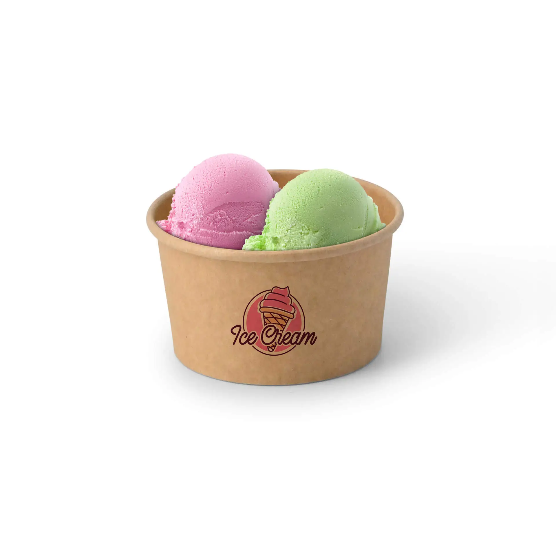 Coppa gelato marrone personalizzata con palline di gelato rosa e verdi, con logo "Ice Cream" sul fronte.