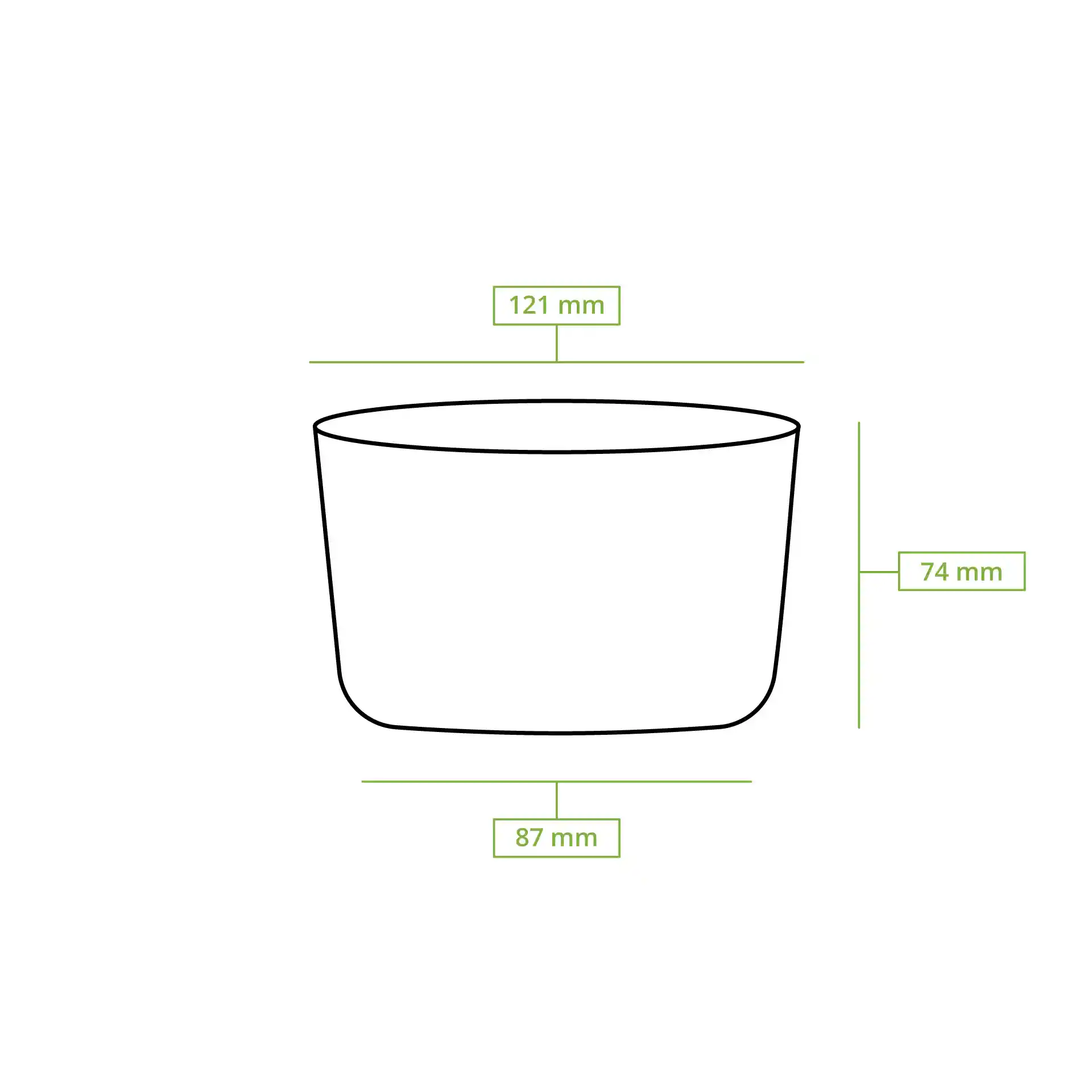 Disegno schematico di un contenitore rotondo con dimensioni: 121 mm di diametro, 74 mm di altezza e 87 mm di diametro alla base.