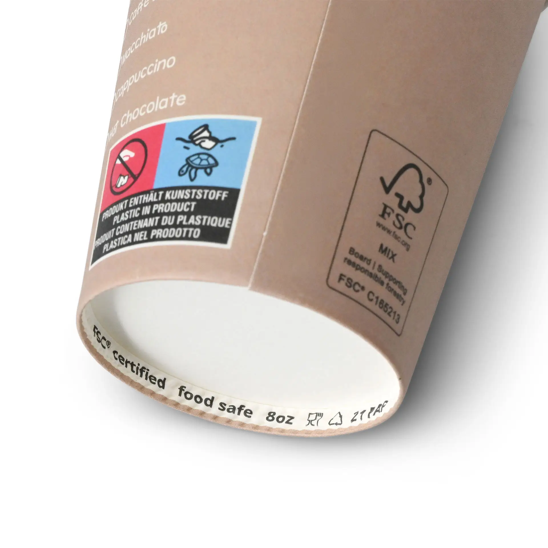 Un bicchiere di carta bianco da 8 oz con un design stampato; presenta loghi e etichette che indicano informazioni sulla sicurezza e sul riciclaggio.