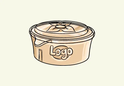 Contenitore rotondo con coperchio e logo; colore beige e superficie liscia.