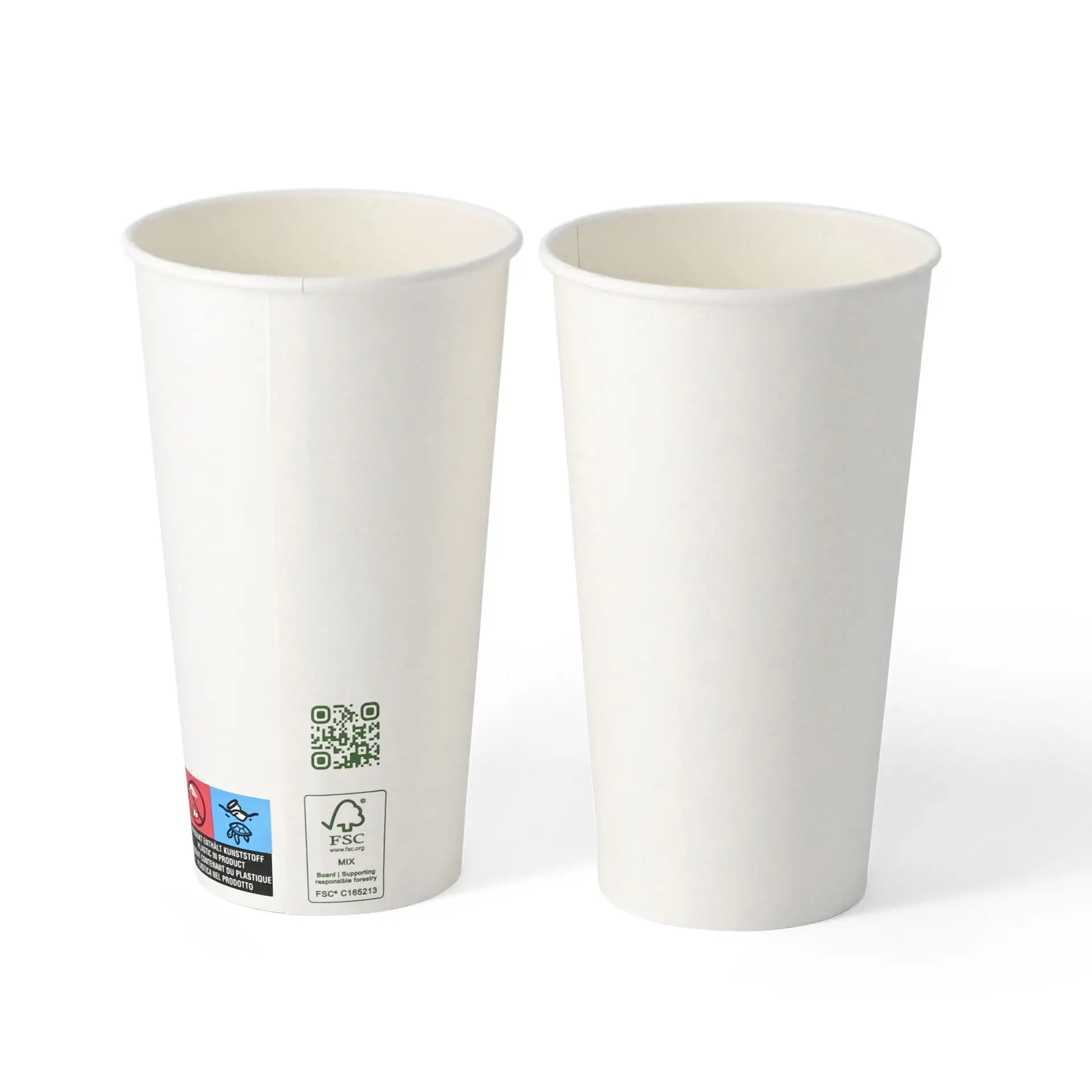 Bicchiere di carta bianco a parete singola, 500 ml, rivestito in PLA, con codice QR e informazioni sulla sostenibilità.