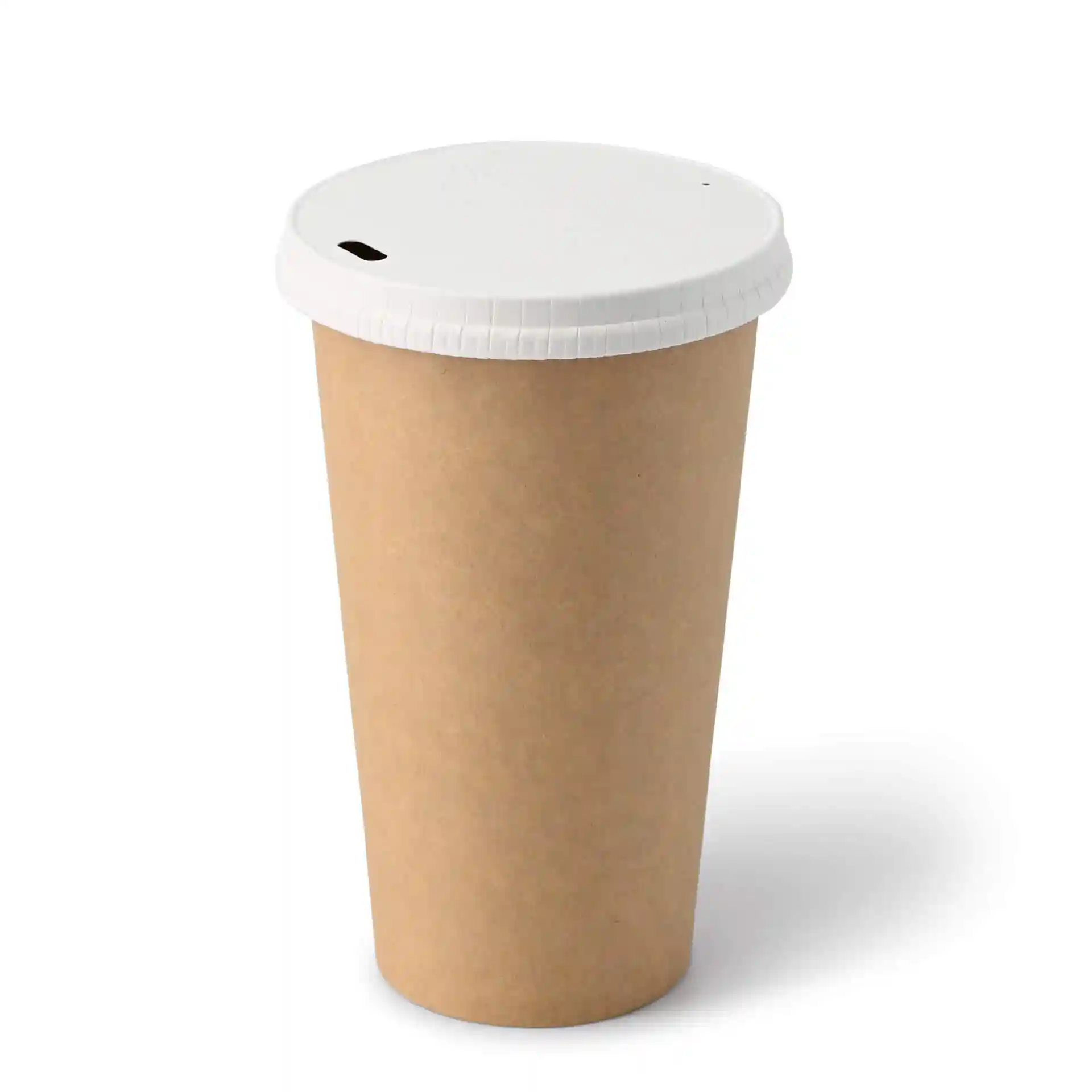 Bicchiere di carta marrone con coperchio bianco, forma rotonda, capacità di 20 oz e materiale in cartone rivestito.