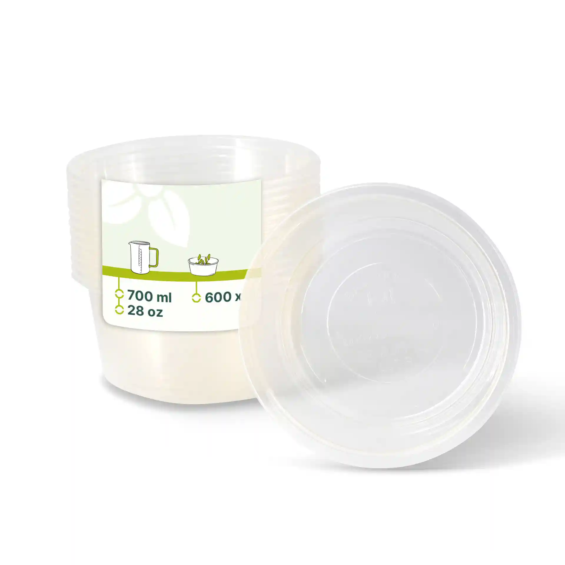 Contenitore rotondo trasparente da 700 ml, con etichetta che mostra misure e illustrazioni.