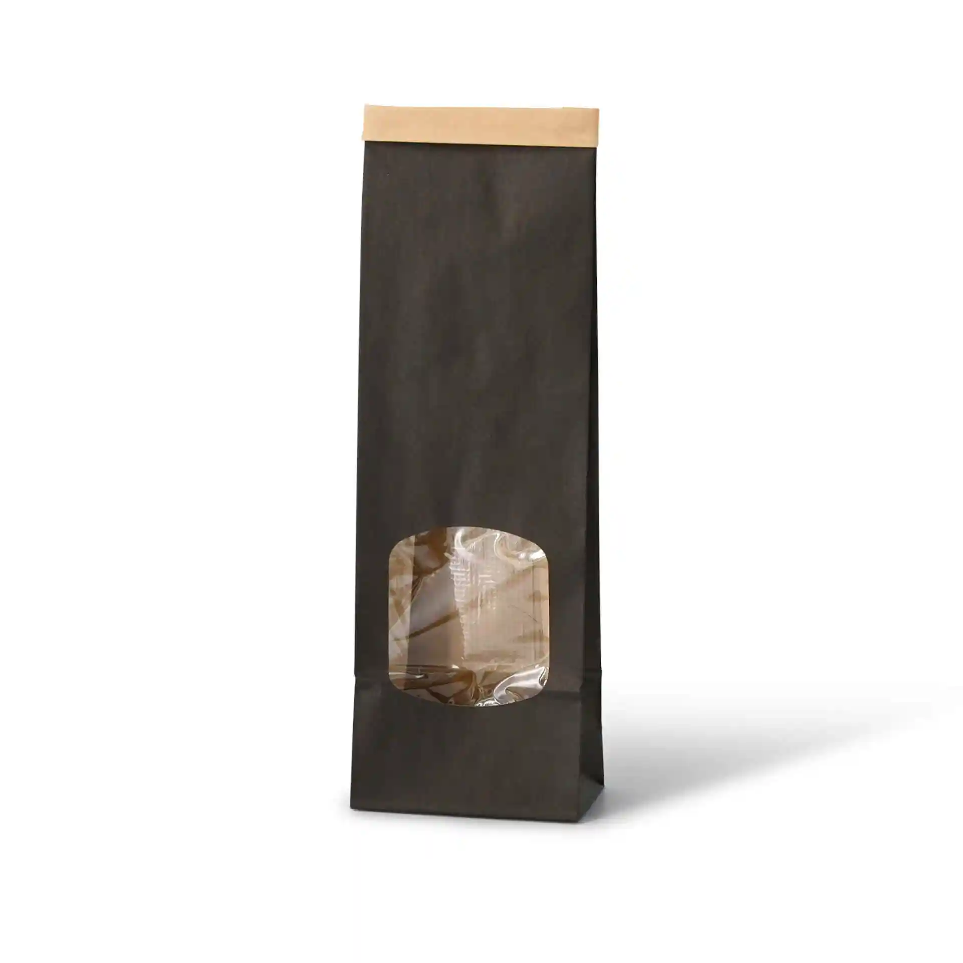 Borsa a fondo piatto nera con finestra trasparente, parte superiore in carta kraft, dimensioni 9 x 4,5 x 27,5 cm.