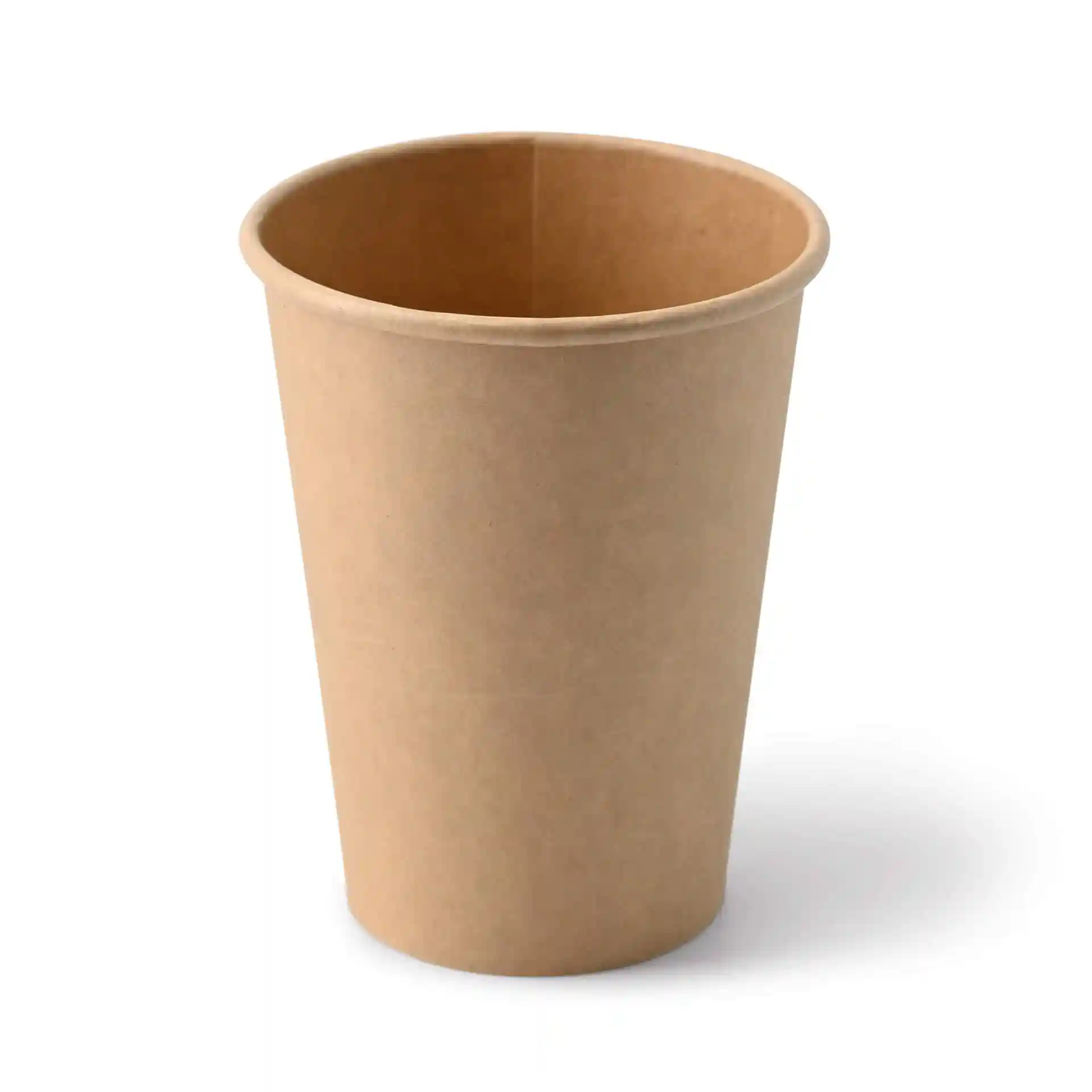 Bicchiere di carta marrone a forma rotonda, capacità di 12 oz, realizzato in cartone, mostrato da un angolo.
