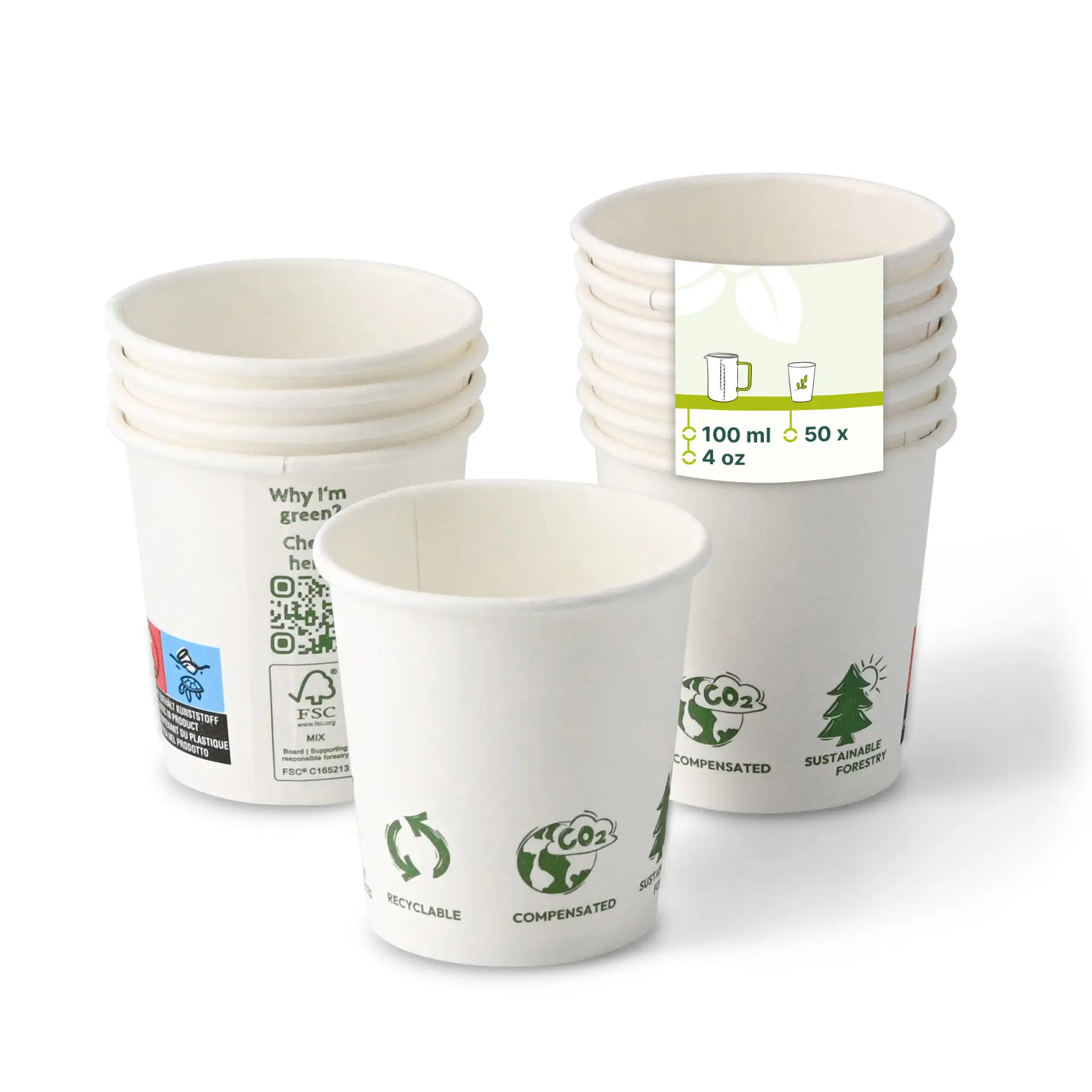 Bicchiere di carta 100 ml / 4 oz, Ø 62 mm, con icone "EcoUp©", monostrato, bianco, con rivestimento in PLA