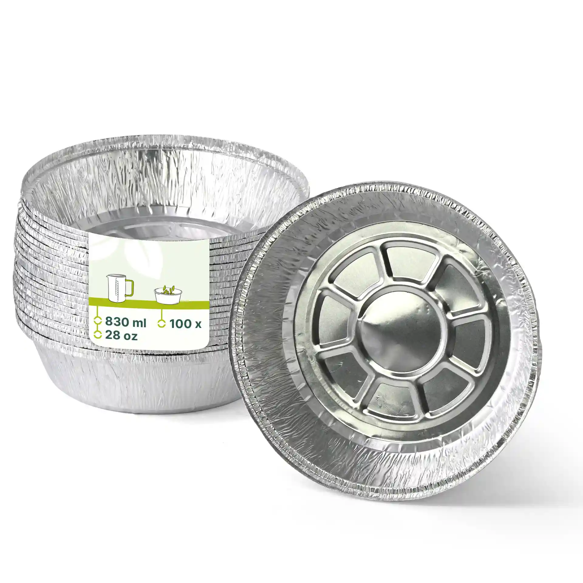 Contenitori rotondi in alluminio con una capacità di 830 ml, mostrando più contenitori impilati e uno di lato.