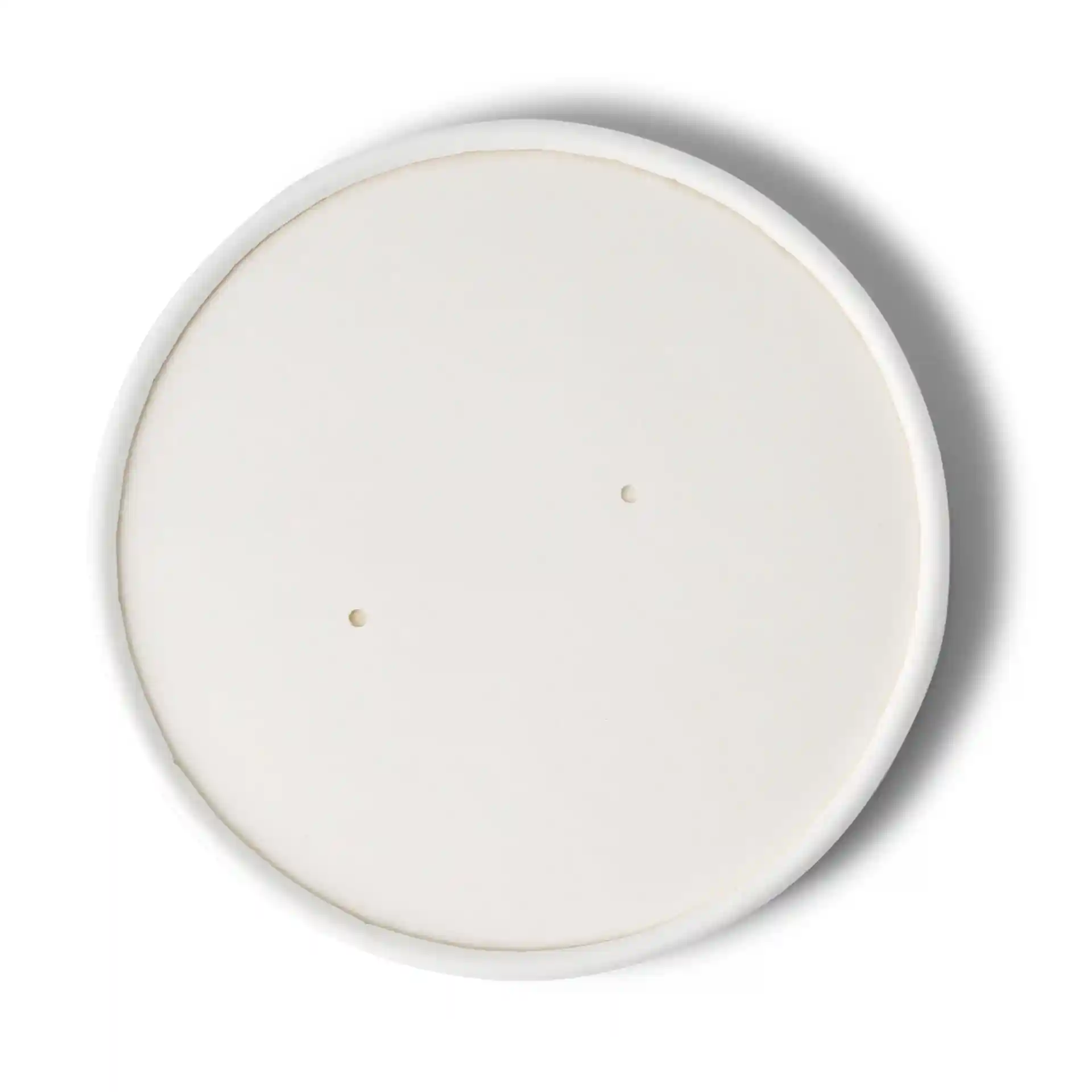 Coperchio rotondo in cartone bianco con superficie liscia e due piccoli fori, diametro 116 mm.