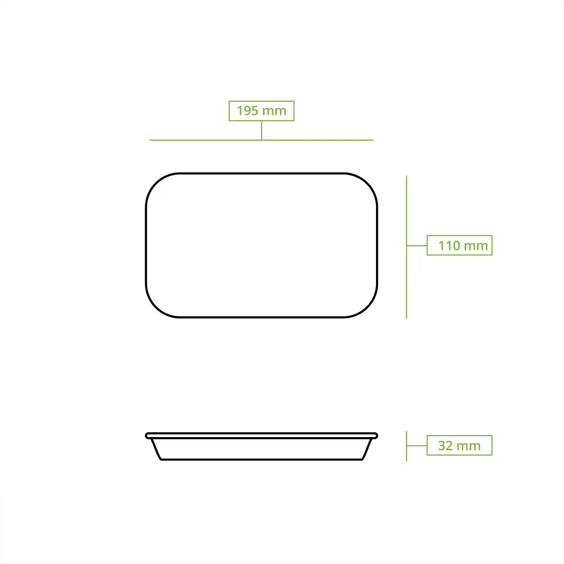 Disegno schematico di un vassoio di carta ovale con dimensioni di 195 mm per 110 mm e altezza di 32 mm.