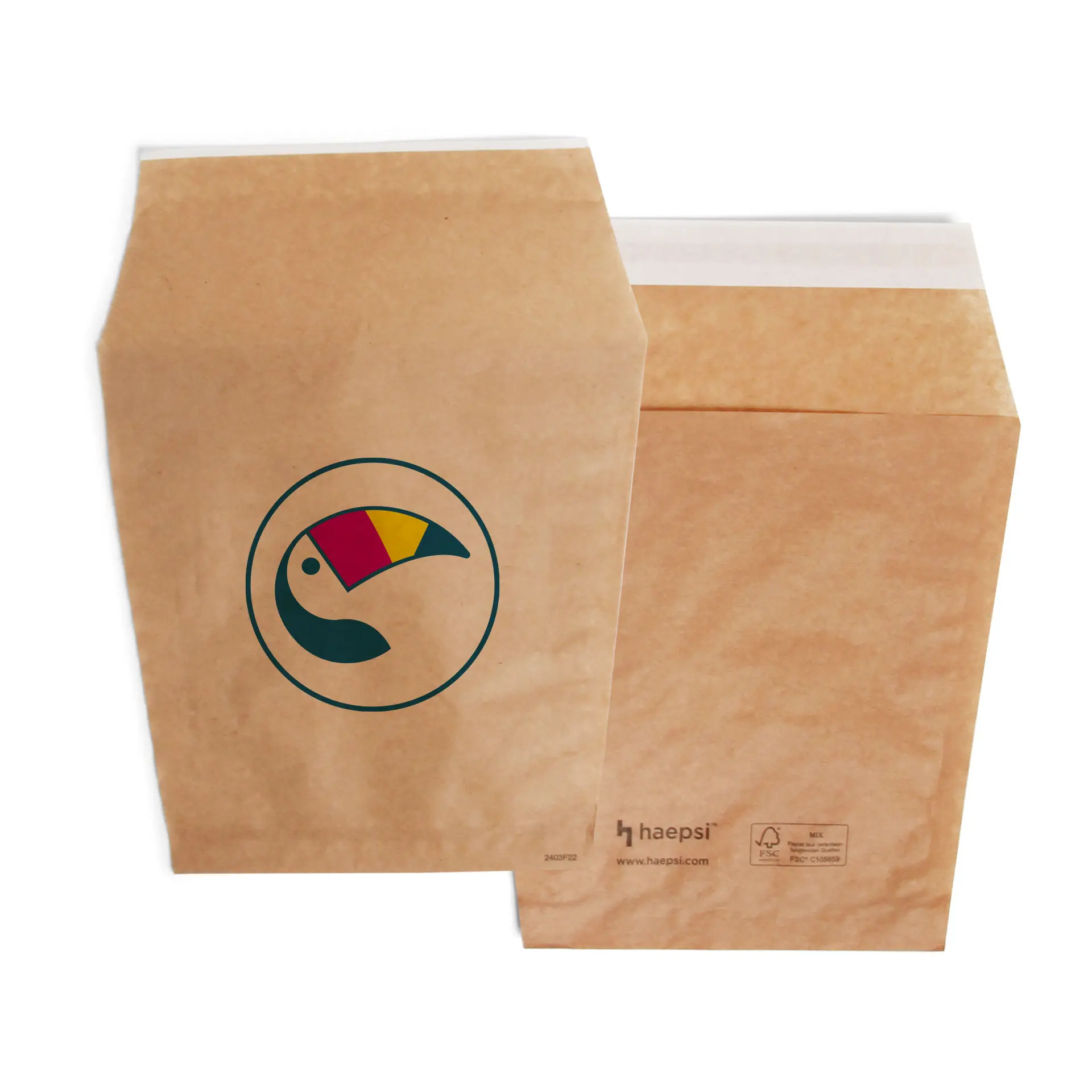 Sacchetti per patatine fritte stampati su misura in marrone con chiusura adesiva integrata; presenta un design del logo con un tucano.