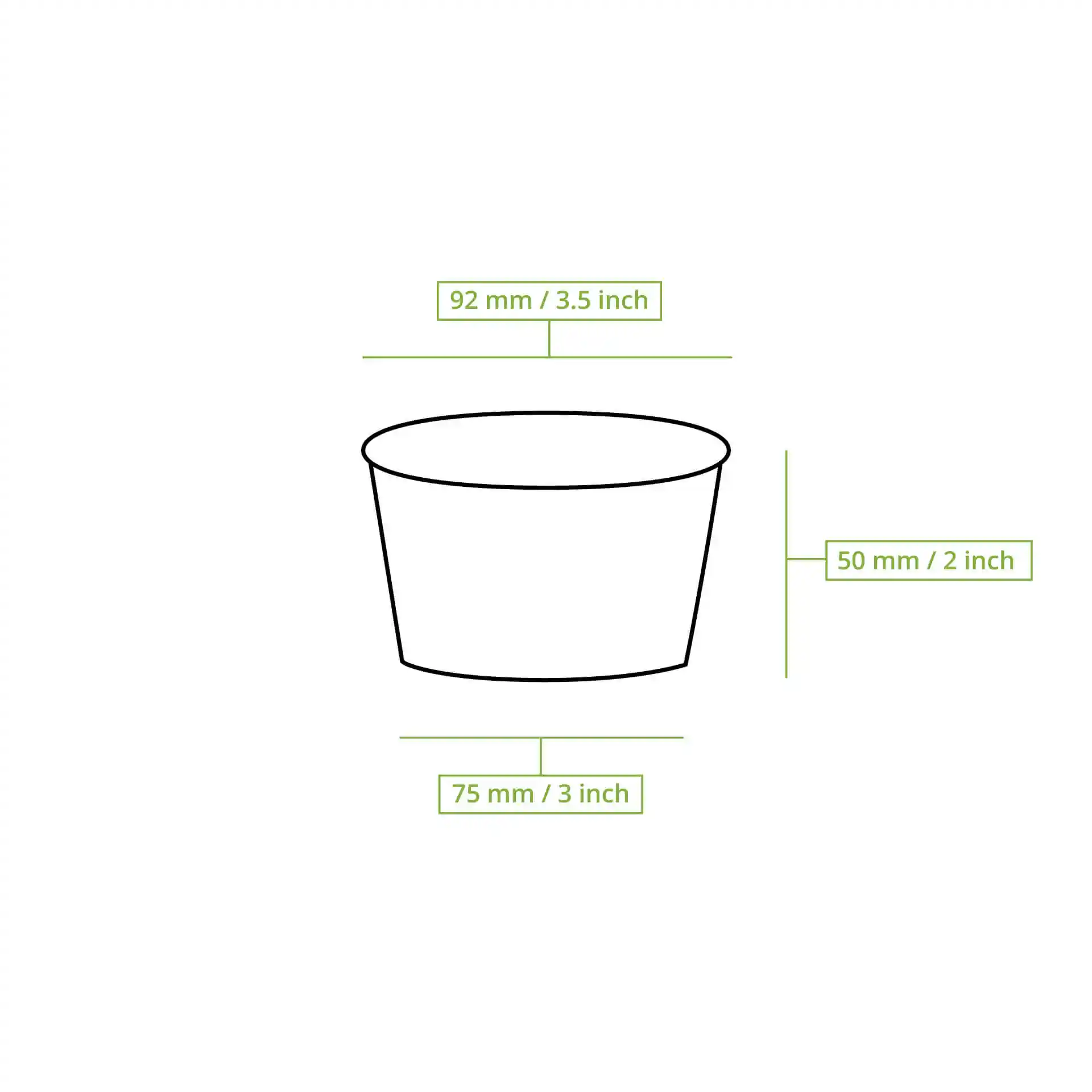 Disegno schematico di un bicchiere di carta per gelato con dimensioni: 92 mm di diametro in alto, 75 mm in basso e 50 mm di altezza.