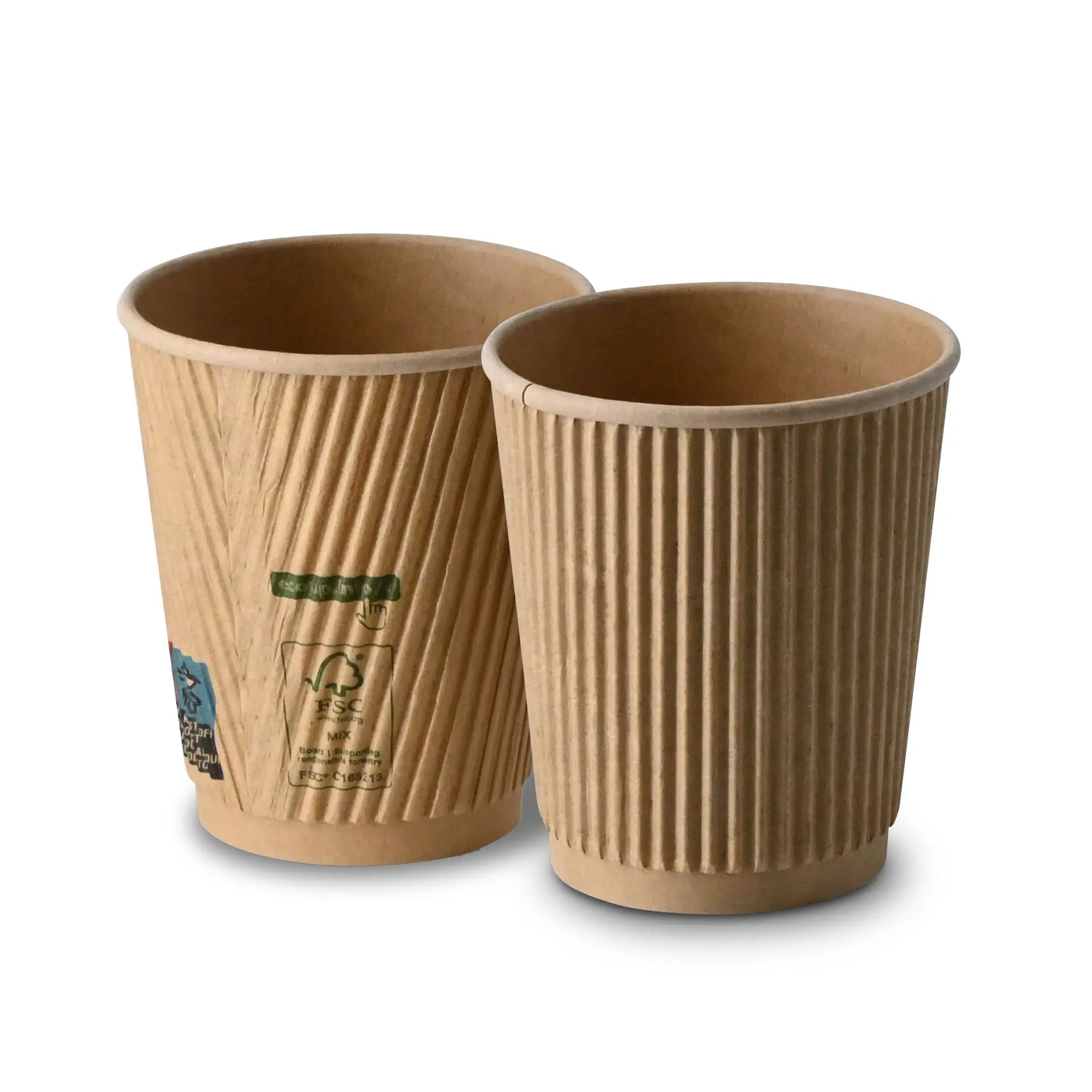 Due bicchieri in carta kraft con texture rigata, dimensione 8 oz, mostrati di lato su uno sfondo semplice.