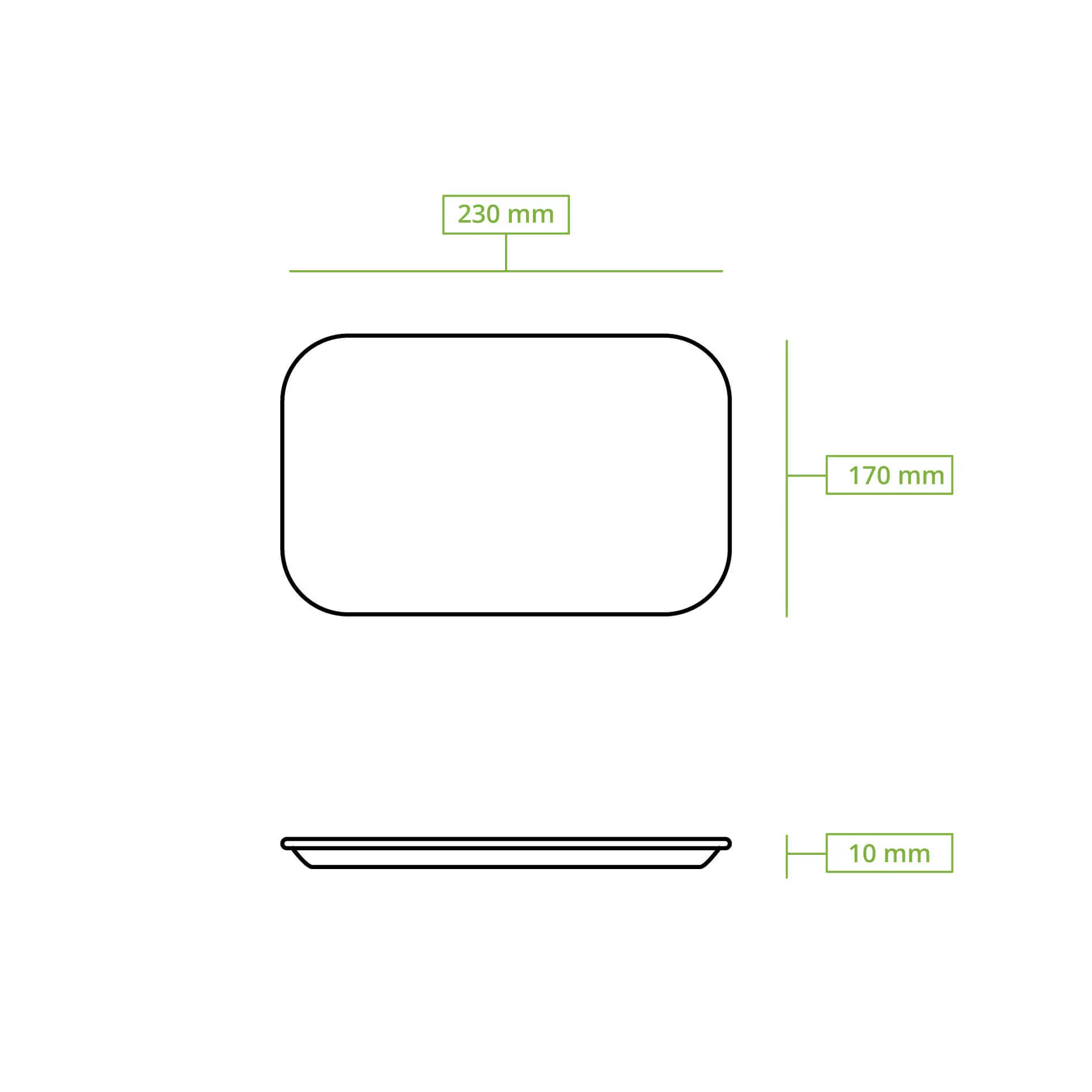 Piatto di cartone, forma rettangolare, colore marrone; dimensioni 230 mm x 170 mm x 10 mm; adatto per servire cibo.