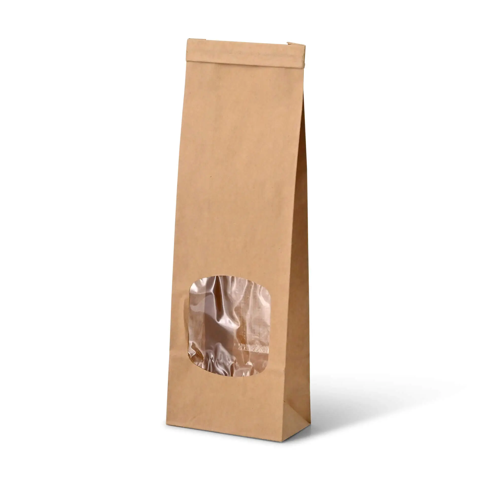 Busta in carta marrone con fondo a blocco e finestra trasparente, adatta per prodotti aromatici, con chiusura a filo.