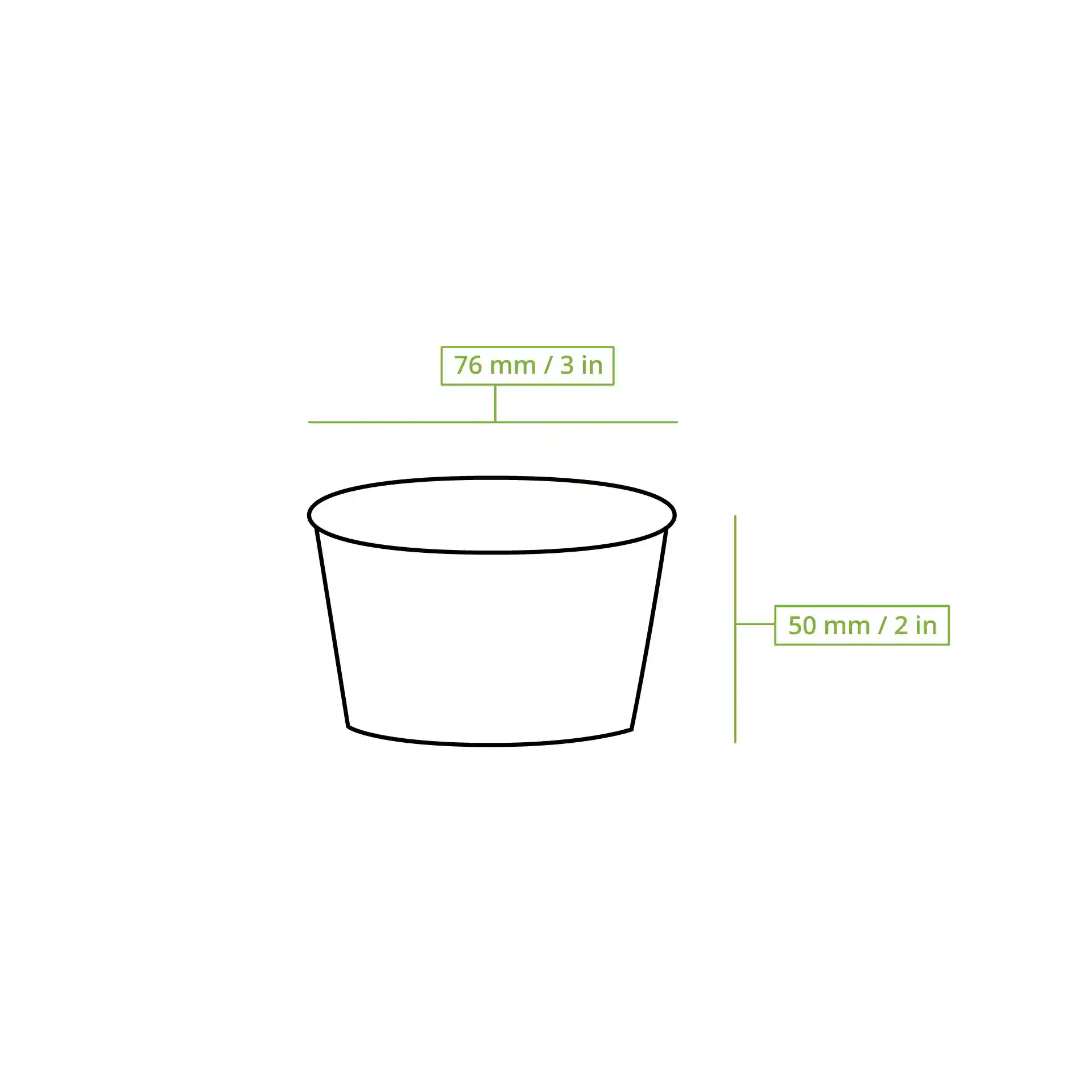 Disegno schematico di un bicchiere per gelato con dimensioni: 76 mm di diametro e 50 mm di altezza.