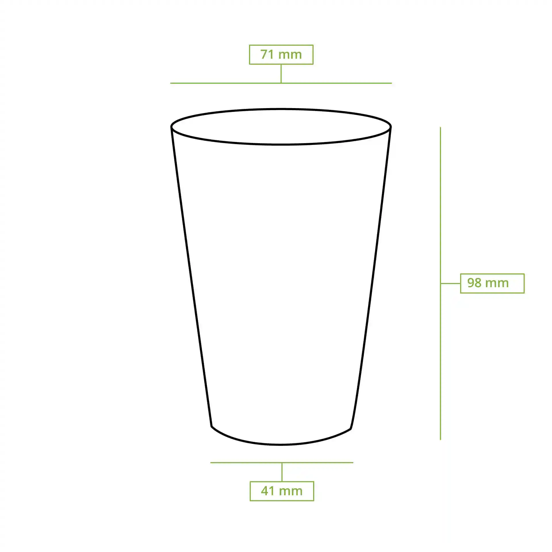 Disegno schematico di un bicchiere con dimensioni: altezza 98 mm, diametro superiore 70 mm e diametro di base 41 mm.