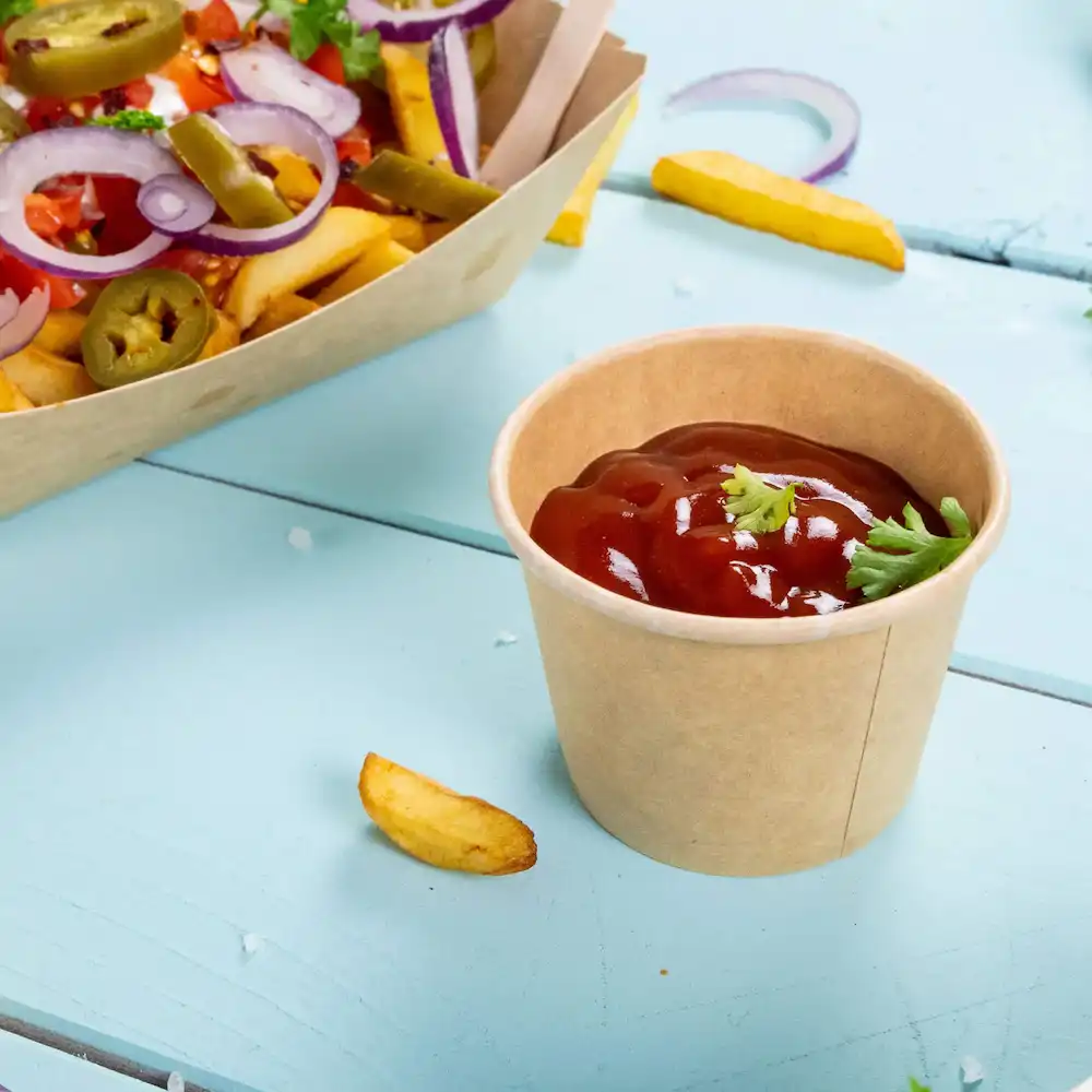 Bicchiere di carta marrone contenente ketchup con un guarnizione di coriandolo, accanto a una porzione di patatine e condimenti.