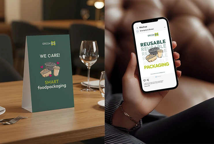 Espositore da tavolo con testo verde sulla confezione sostenibile accanto a uno smartphone che mostra un messaggio simile sull'ecocompatibilità.