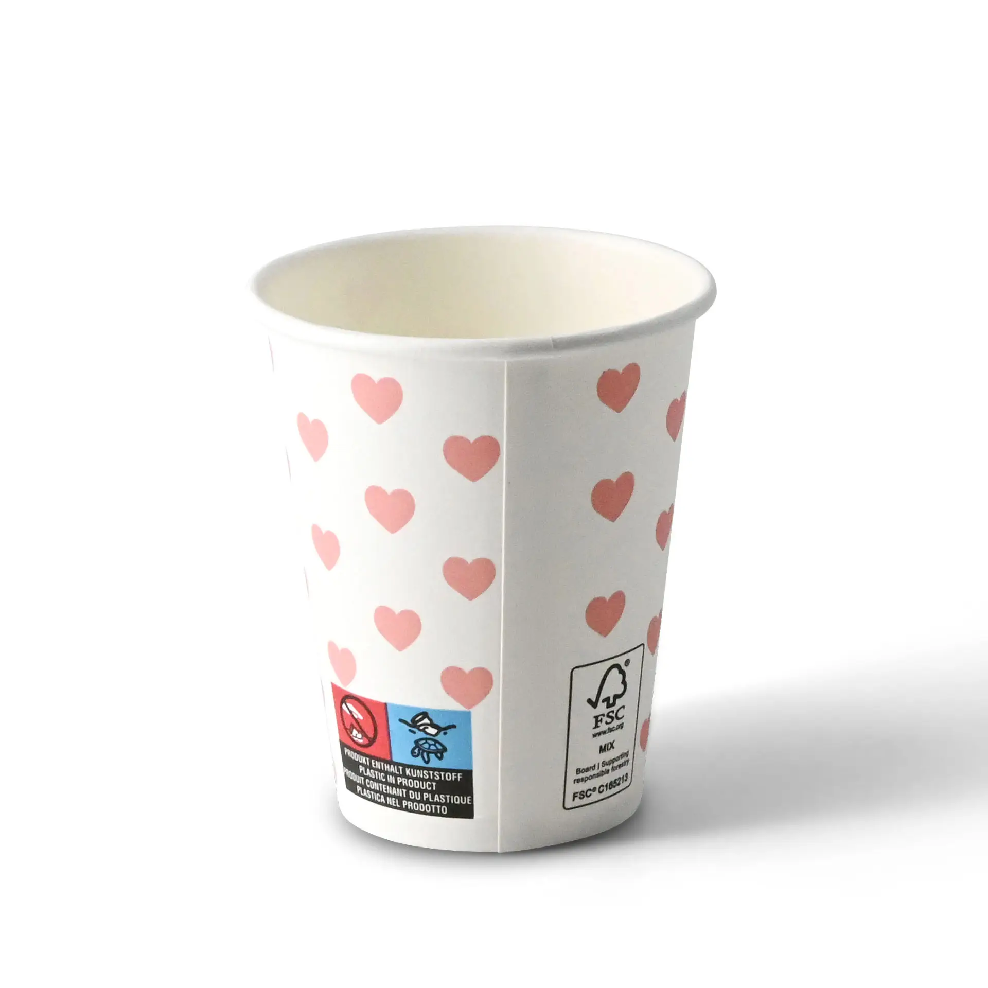 Bicchiere di carta bianco con motivi a cuore rosa, forma rotonda, capacità di 8 oz e materiale in cartone.