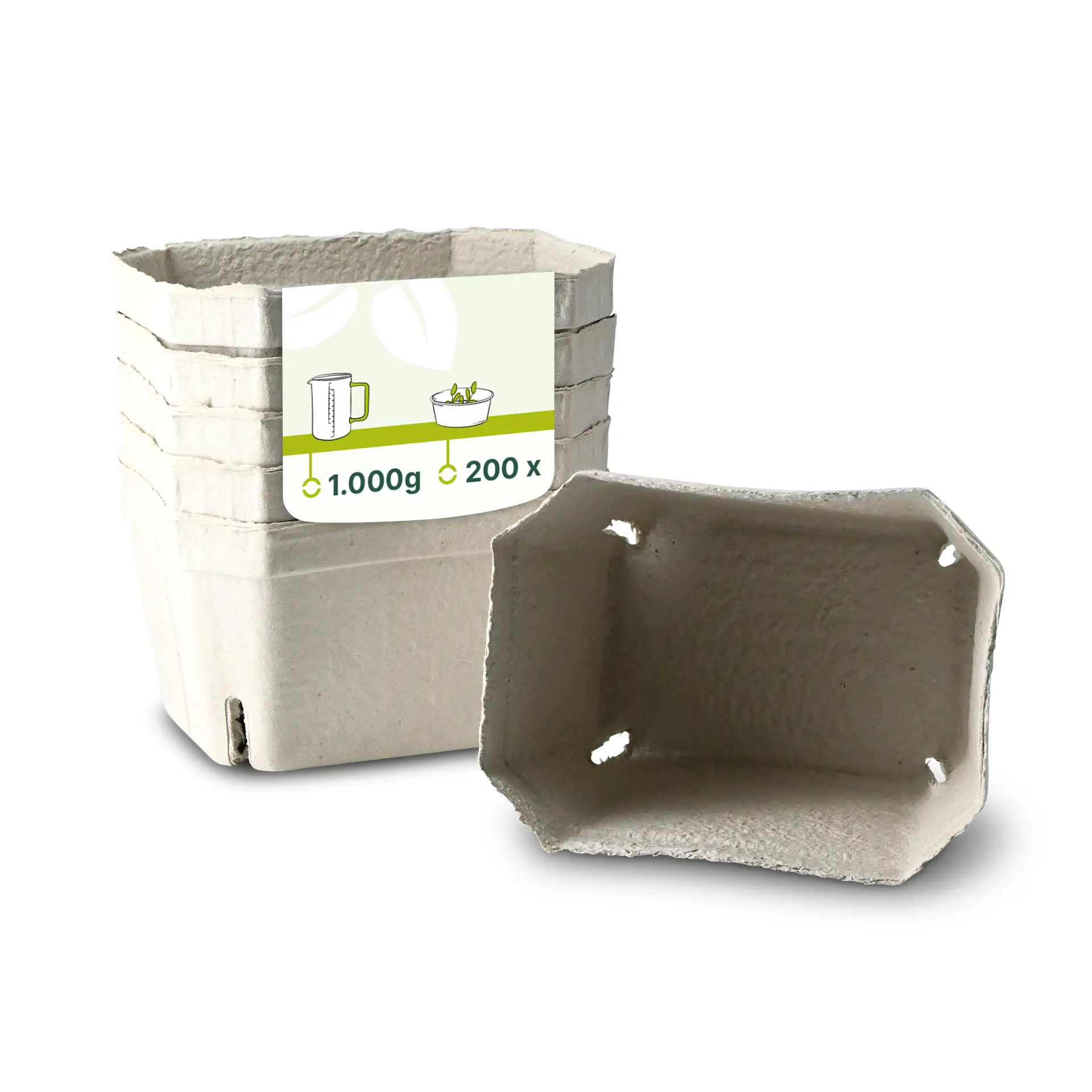 Vassoio per bacche in cartone di polpa di legno, impilabile con un vassoio in primo piano; etichetta sullo stack indica dimensione e quantità.