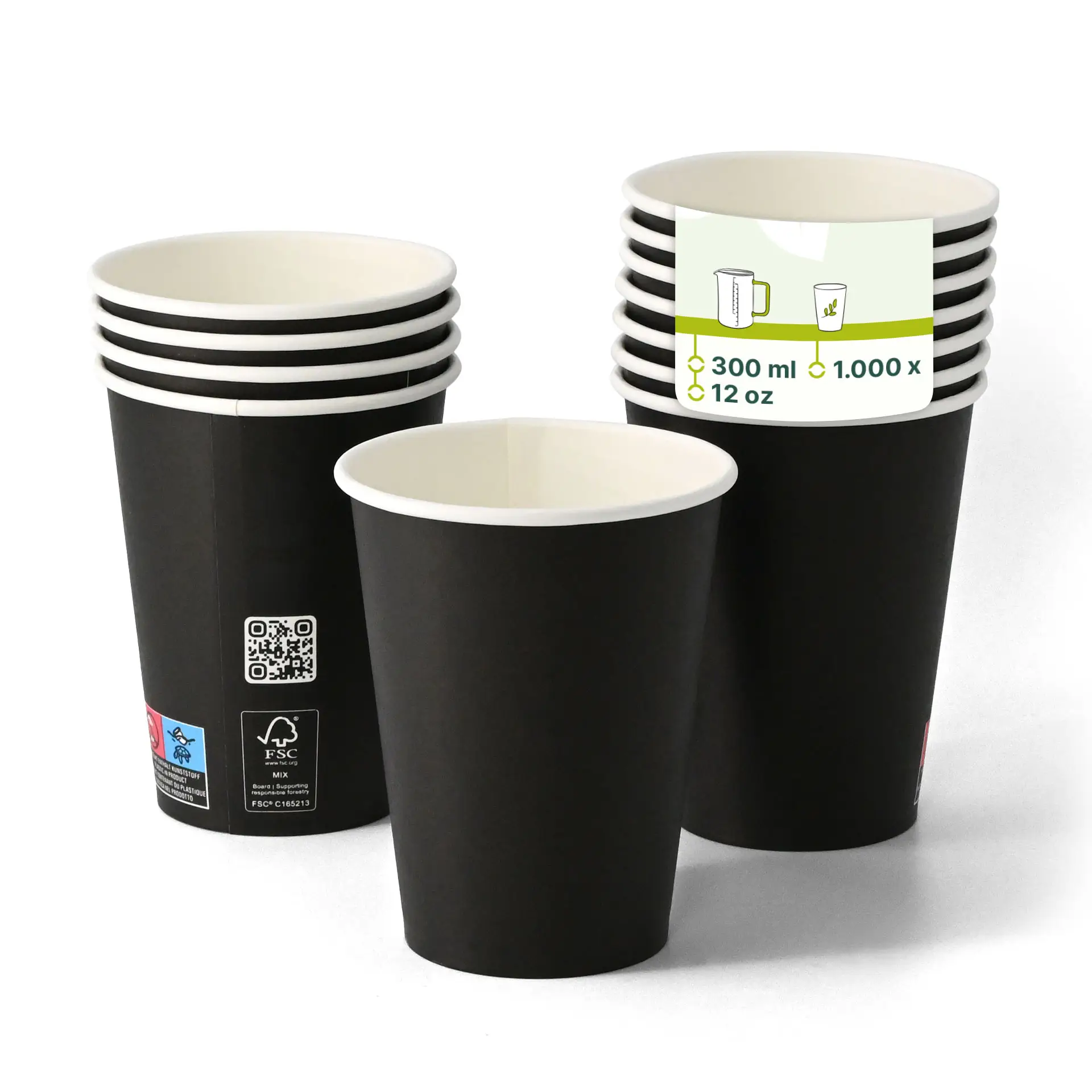 Bicchieri di carta neri con rivestimento PLA, a parete singola, capacità di 300 ml, mostrati in una pila con un bicchiere davanti.