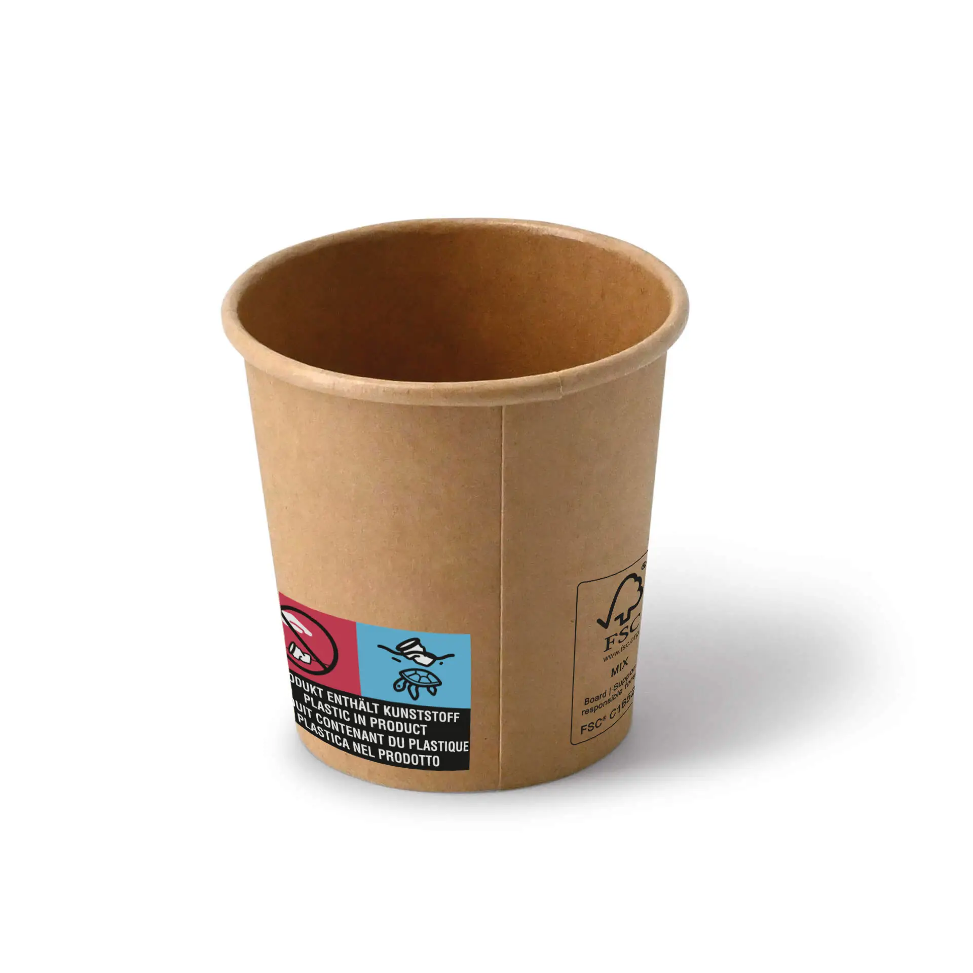 Bicchiere di carta marrone da 4 oz con forma rotonda e rivestimento, con etichette con simboli sul lato.