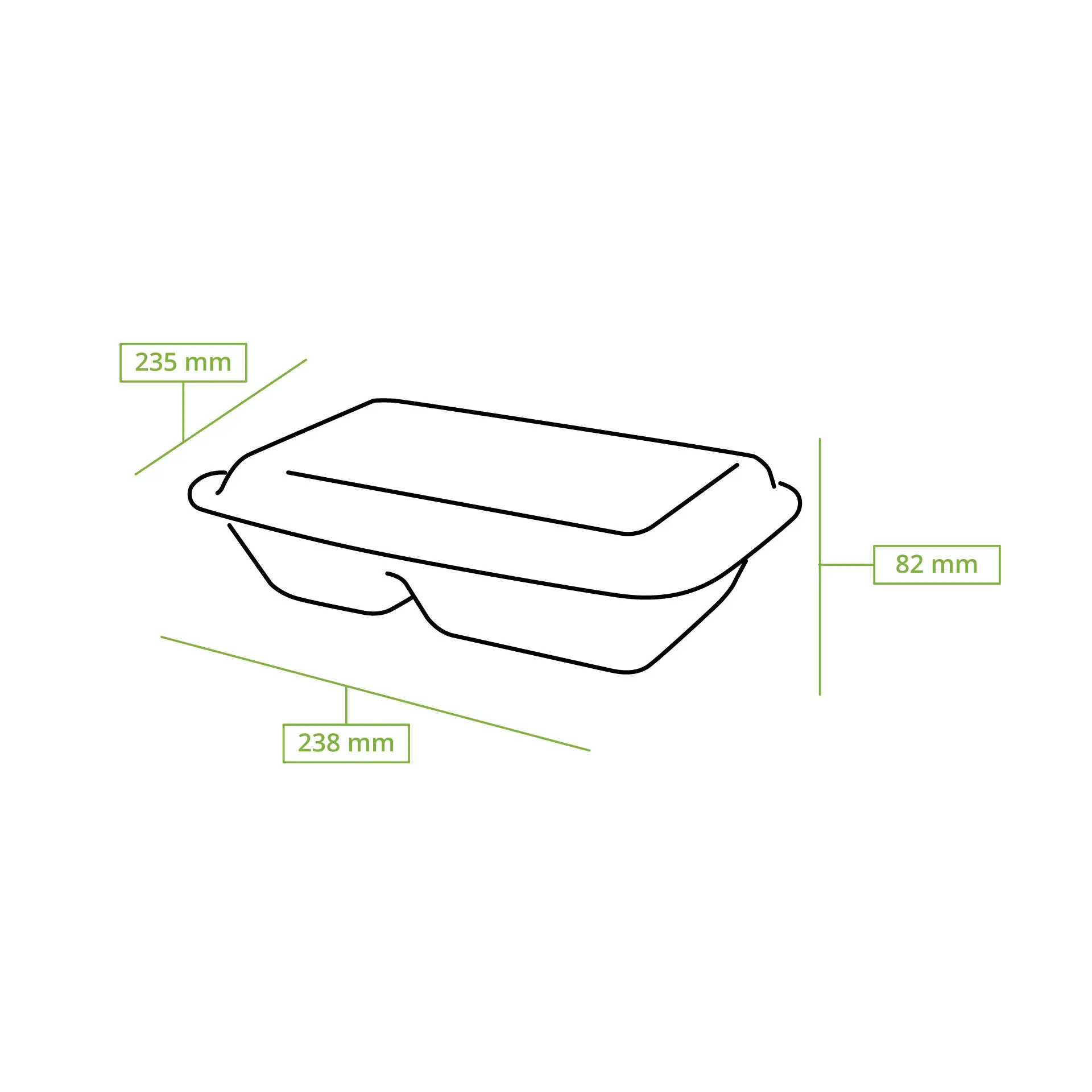 Contenitore da asporto biodegradabile a 3 scomparti realizzato in canna da zucchero; dimensioni 235 mm x 238 mm x 82 mm.
