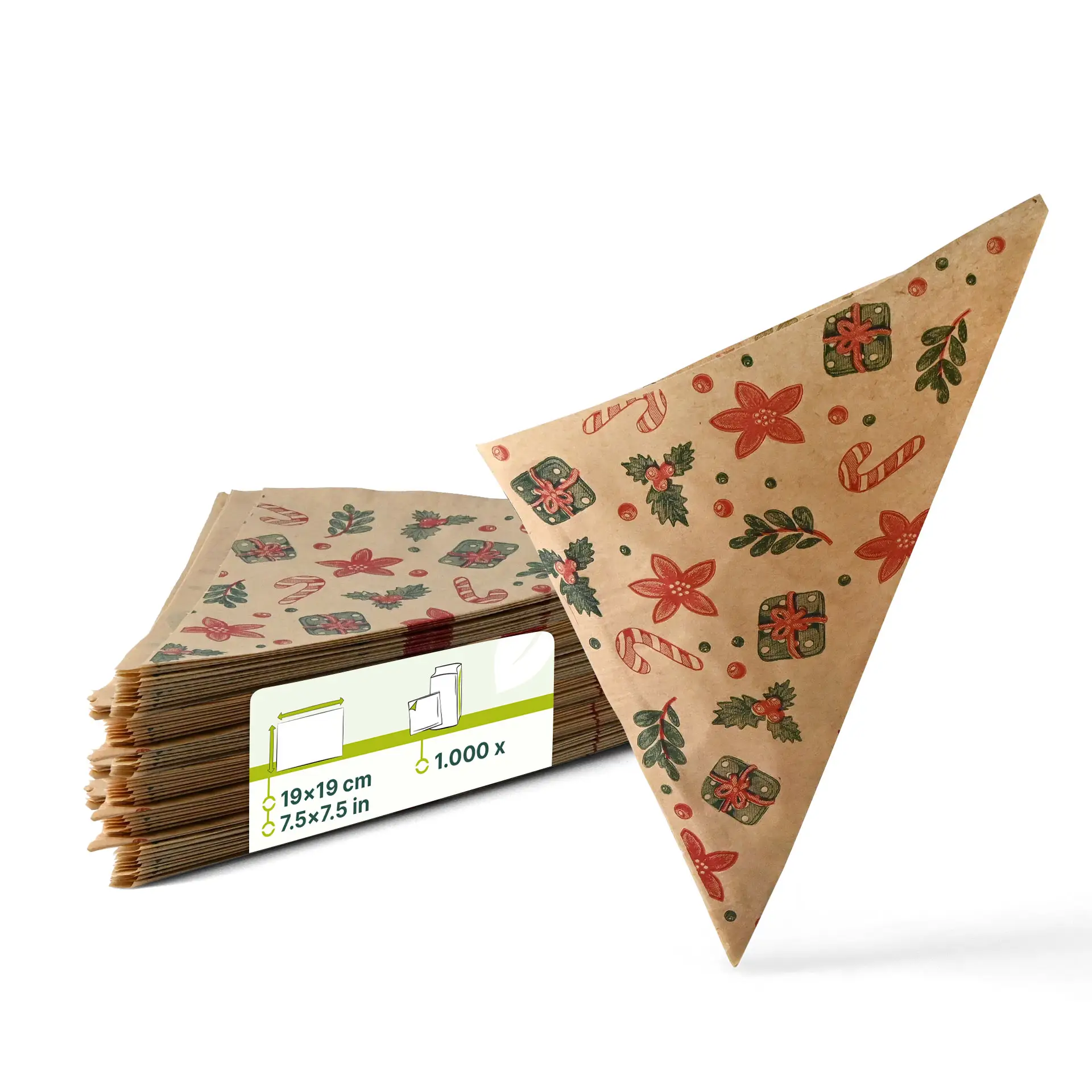 Busta in carta marrone anti-grasso con design invernale, misura 19 x 19 cm, impilata con diverse buste simili dietro.