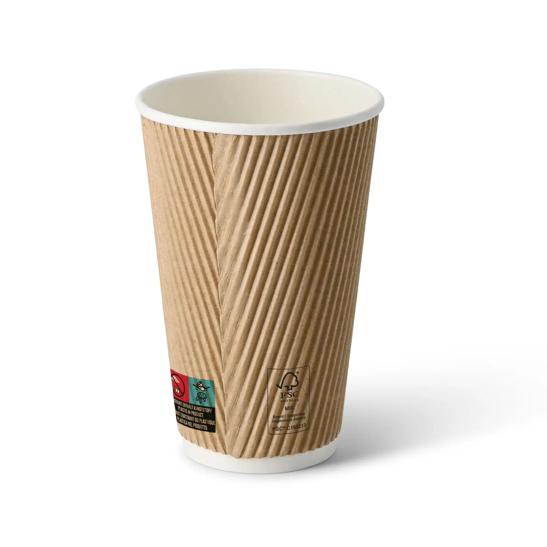 Tazza da caffè marrone a ondulazione con interno bianco, forma rotonda e simboli di certificazione visibili sul lato.