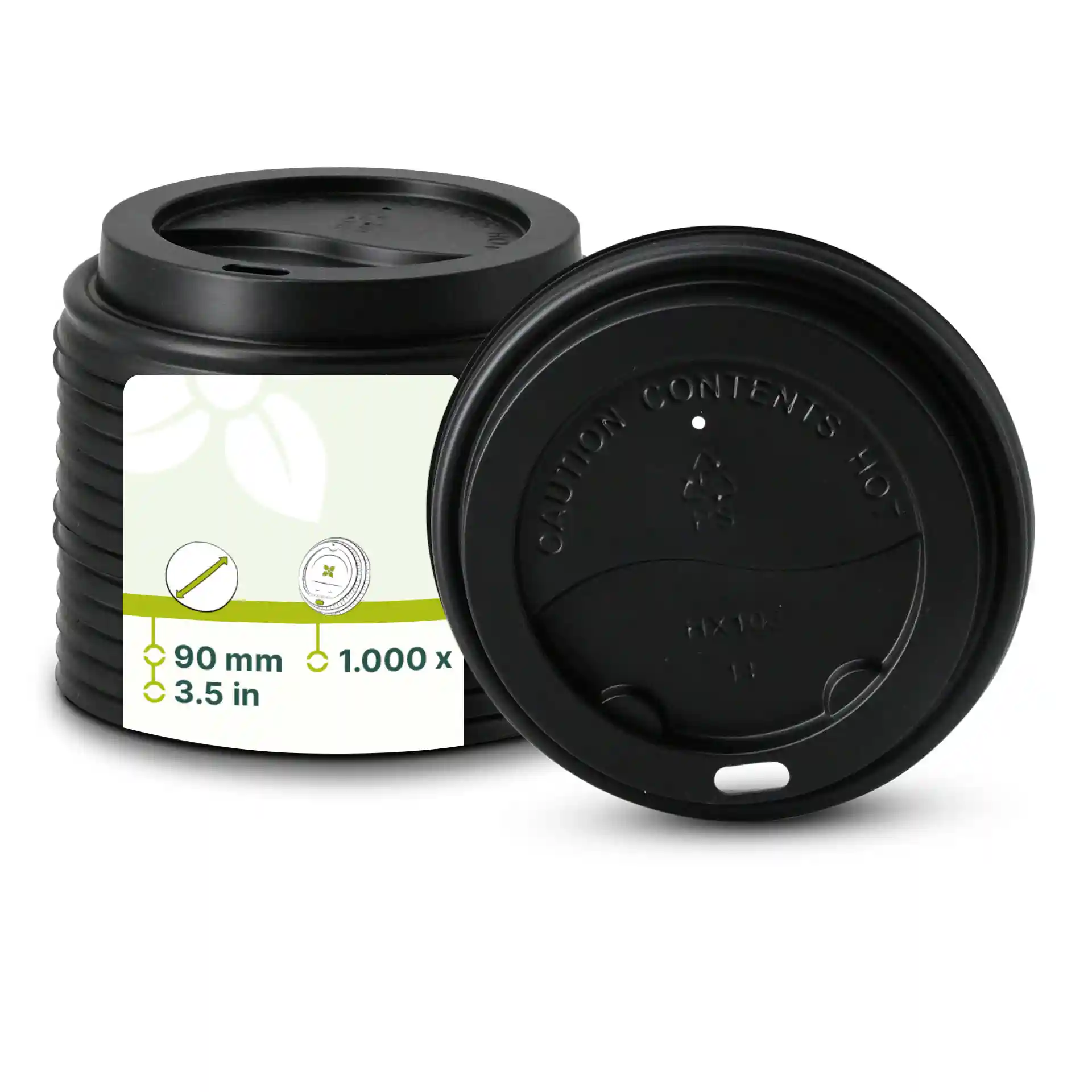 Coperchio in PS nero con foro per bere, forma rotonda, diametro di 90 mm e altezza di 17,5 mm.