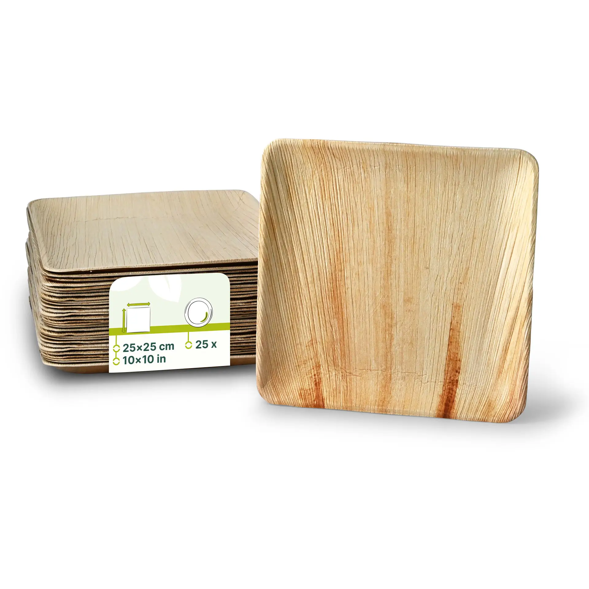 Un piatto quadrato in foglia di palma, 25 x 25 cm con una venatura naturale; piatti sovrapposti sono parzialmente visibili dietro.