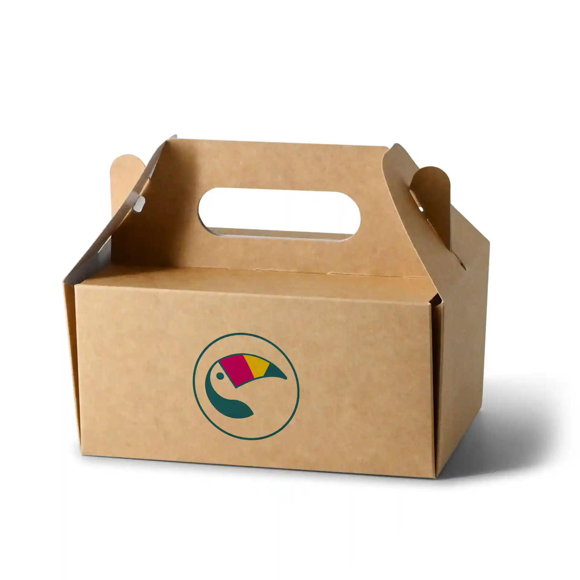 Scatola per torte personalizzata marrone con manico, dimensioni 18 x 11 x 9 cm, con design del logo circolare.