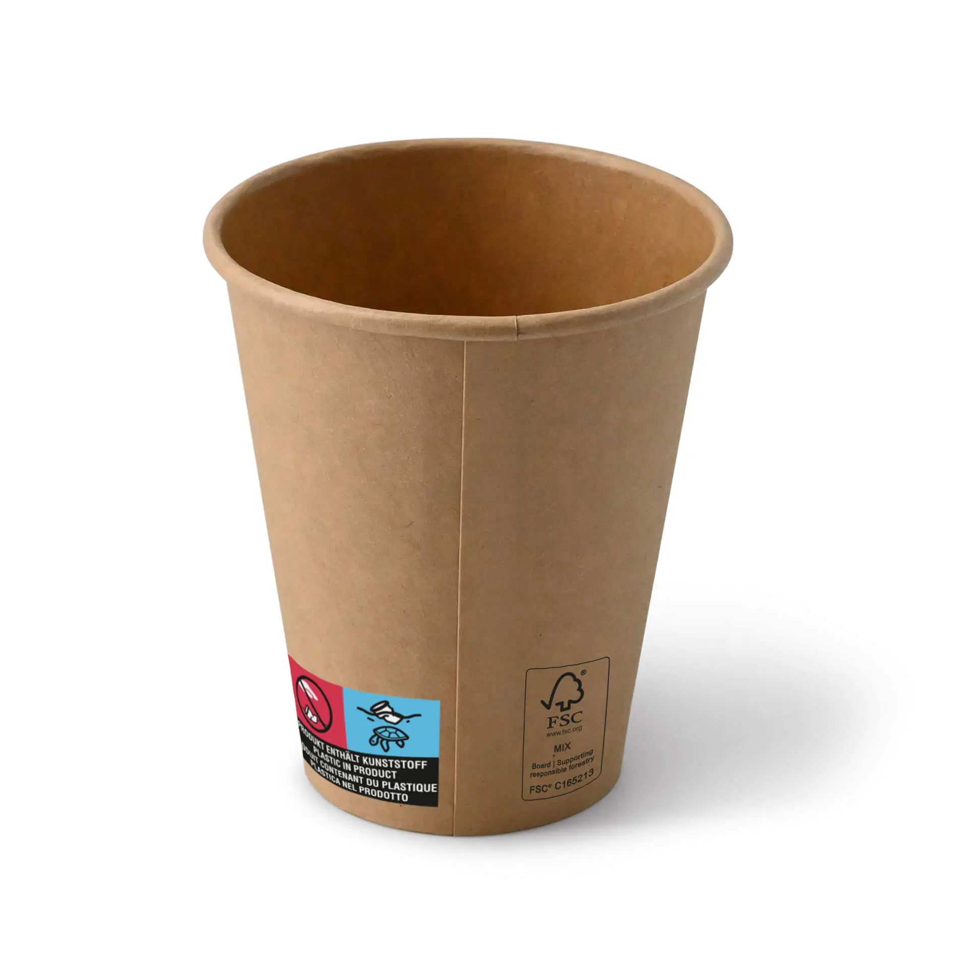 Bicchiere di carta marrone da 10 oz con forma rotonda, con rivestimento e varie etichette sul lato.