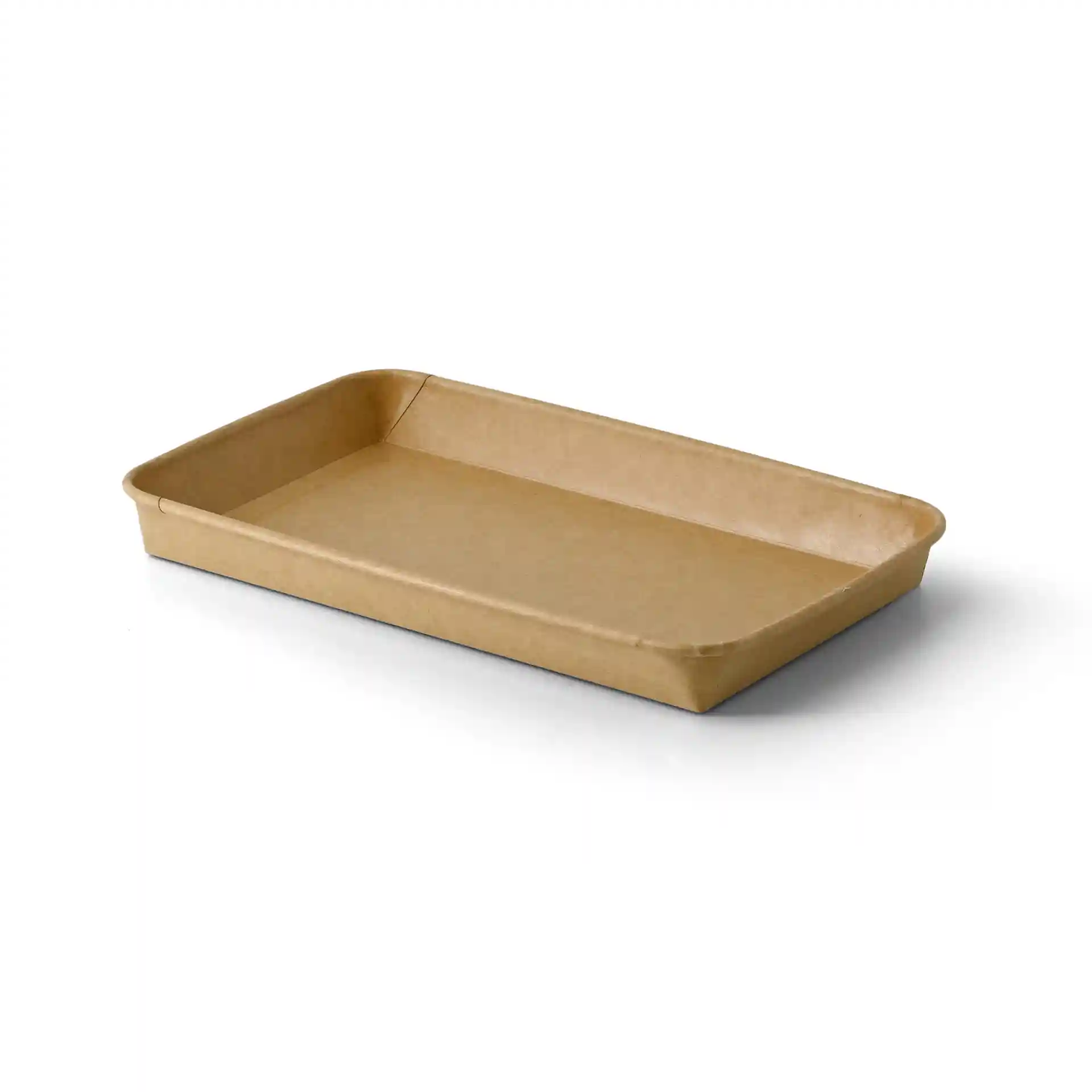 Scatola per sushi rettangolare marrone, rivestita in PE, misura 24 x 15 x 3 cm, con bordi leggermente rialzati.