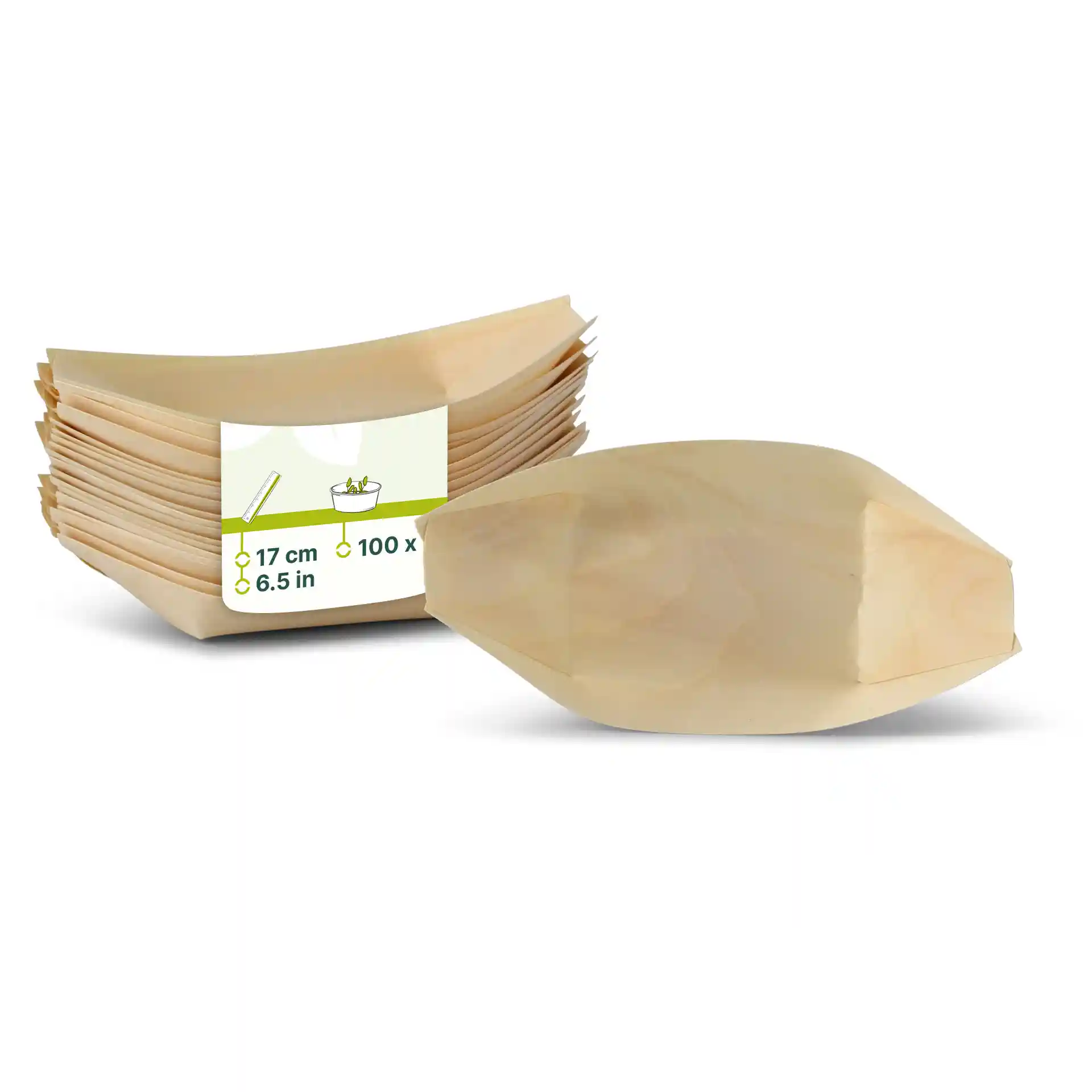 Pila di barche in legno, ciascuna di 17 cm, con un'etichetta che mostra la quantità di 100 e le dimensioni.