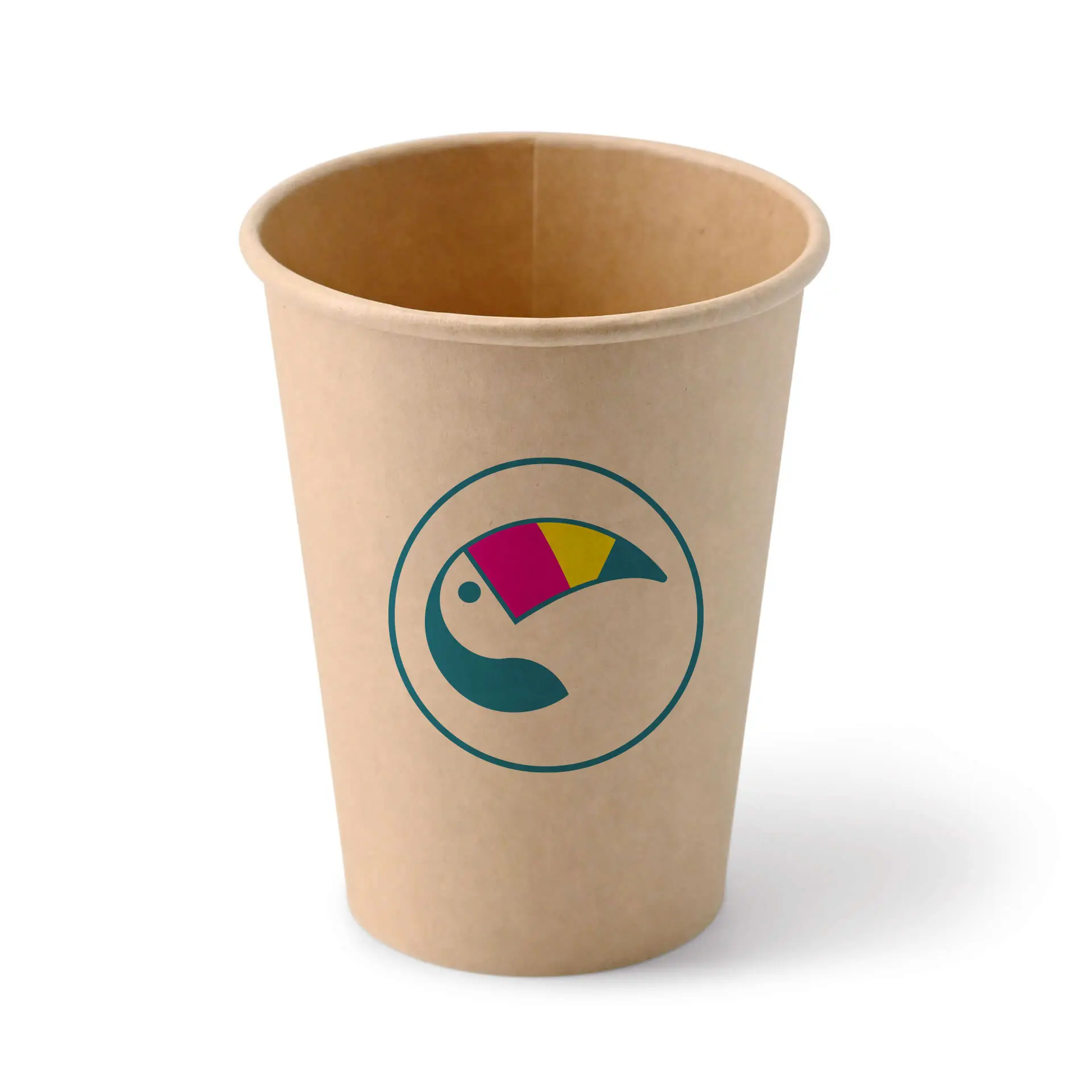 Un bicchiere di carta marrone con design del logo, adatto per bevande come caffè e tè, con struttura a parete singola.