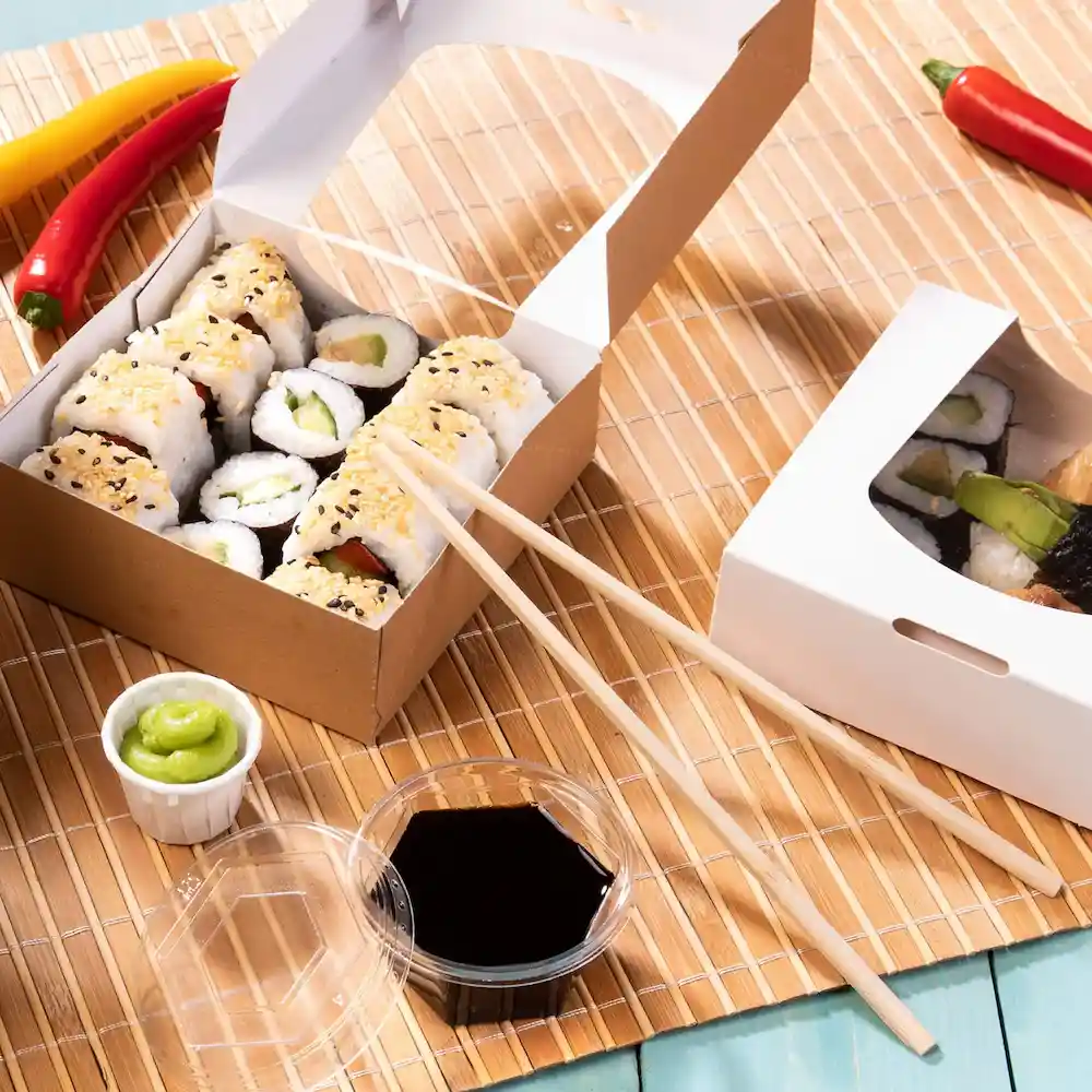 Roll di sushi in una scatola da asporto con bacchette, wasabi e salsa di soia su un tappetino di bambù.