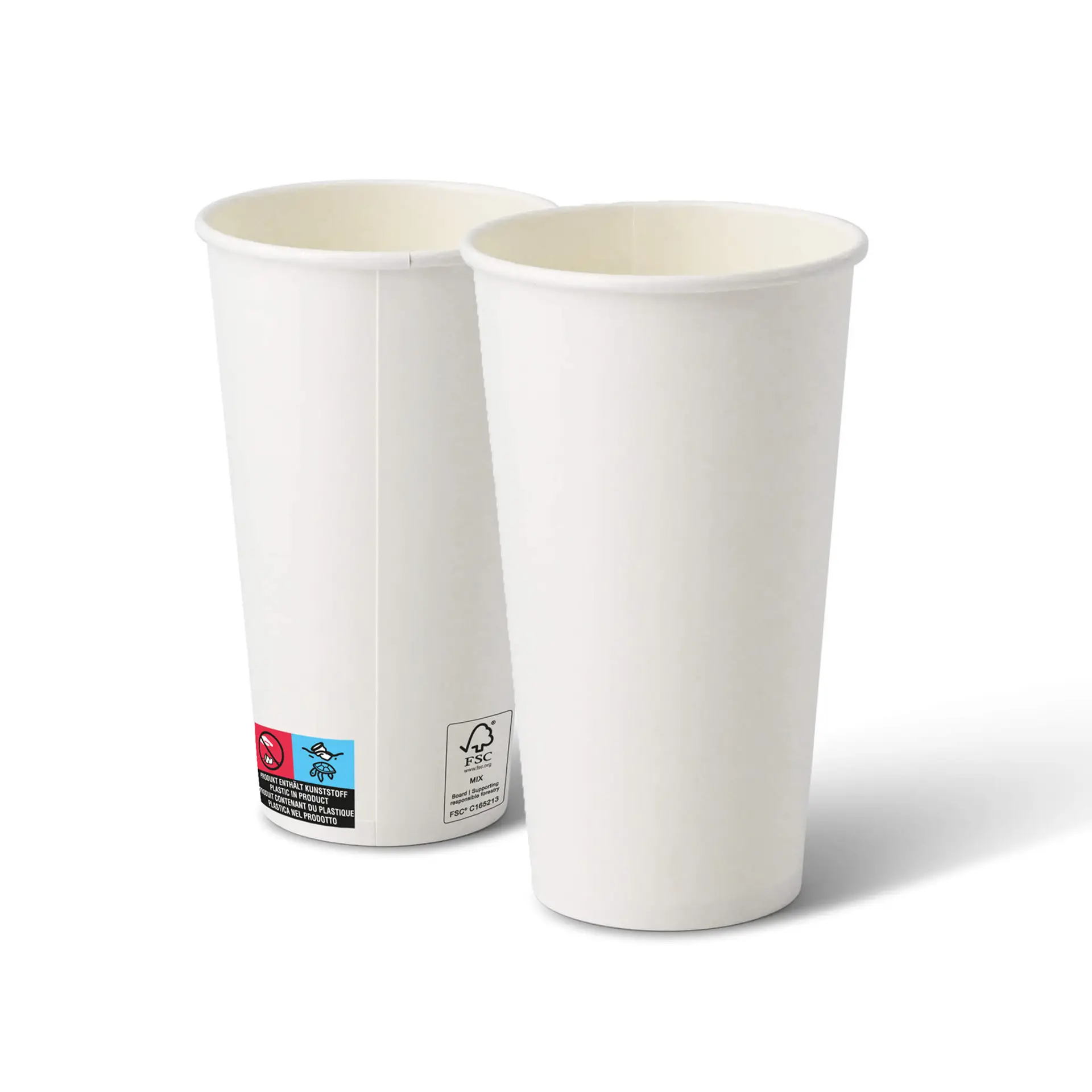 Due bicchieri di cartone bianchi, 20 oz, forma rotonda, con rivestimento interno visibile.