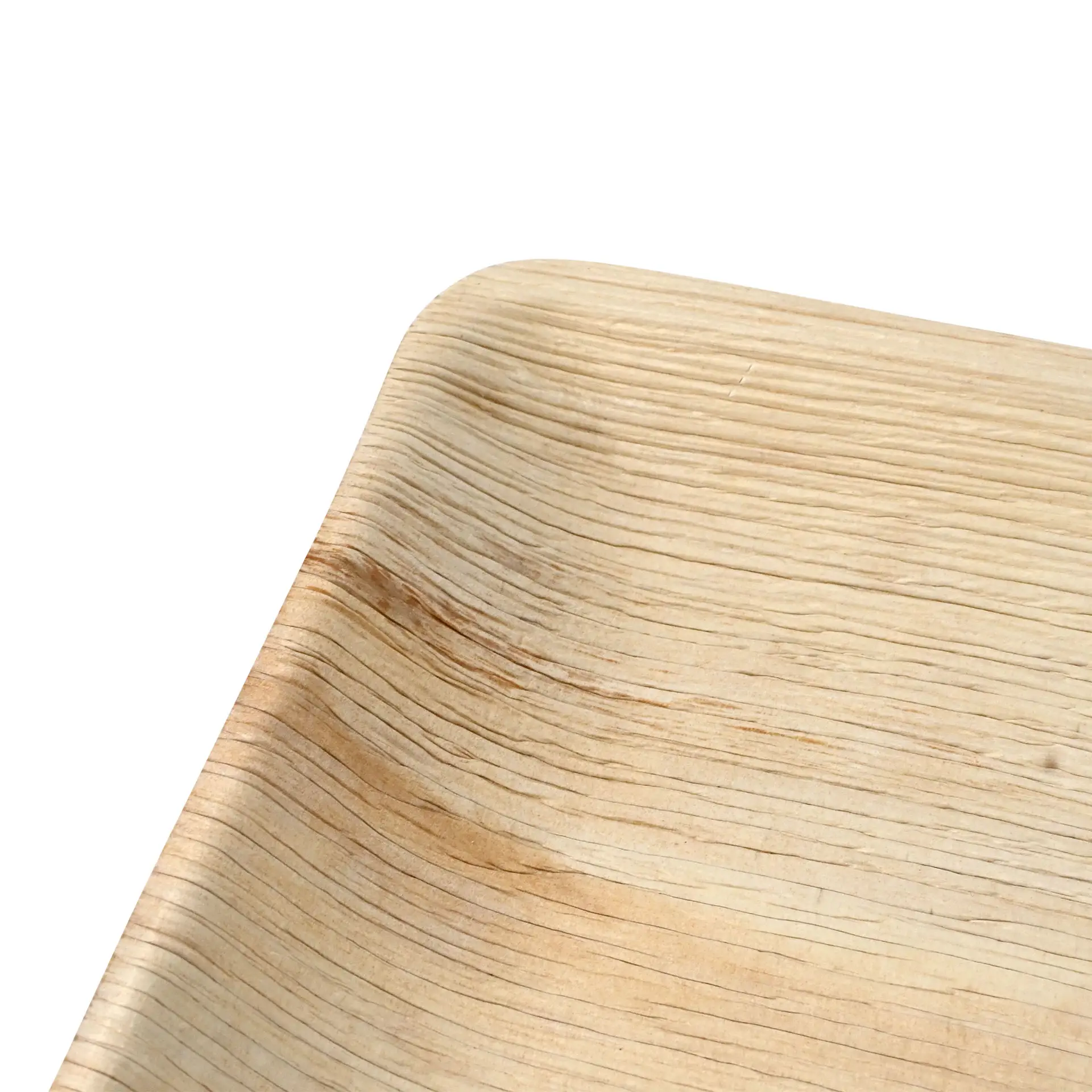 Piatto quadrato in foglia di palma con bordo per salsa, 20 x 20 cm; leggero, impilabile, con texture di legno naturale.