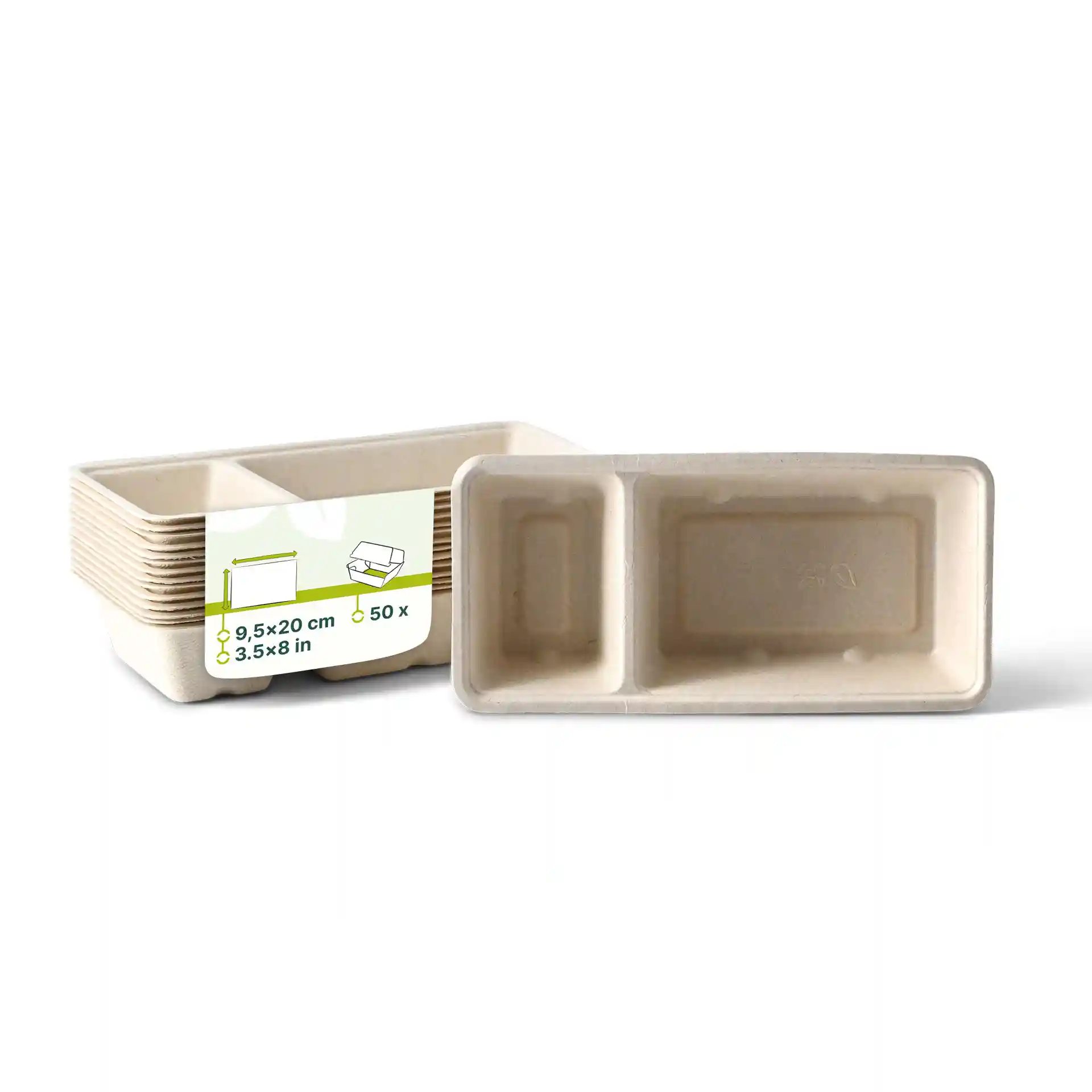 Vassoio rettangolare in bagassa bianco crema con due scomparti, misura 9,5 x 20 cm.