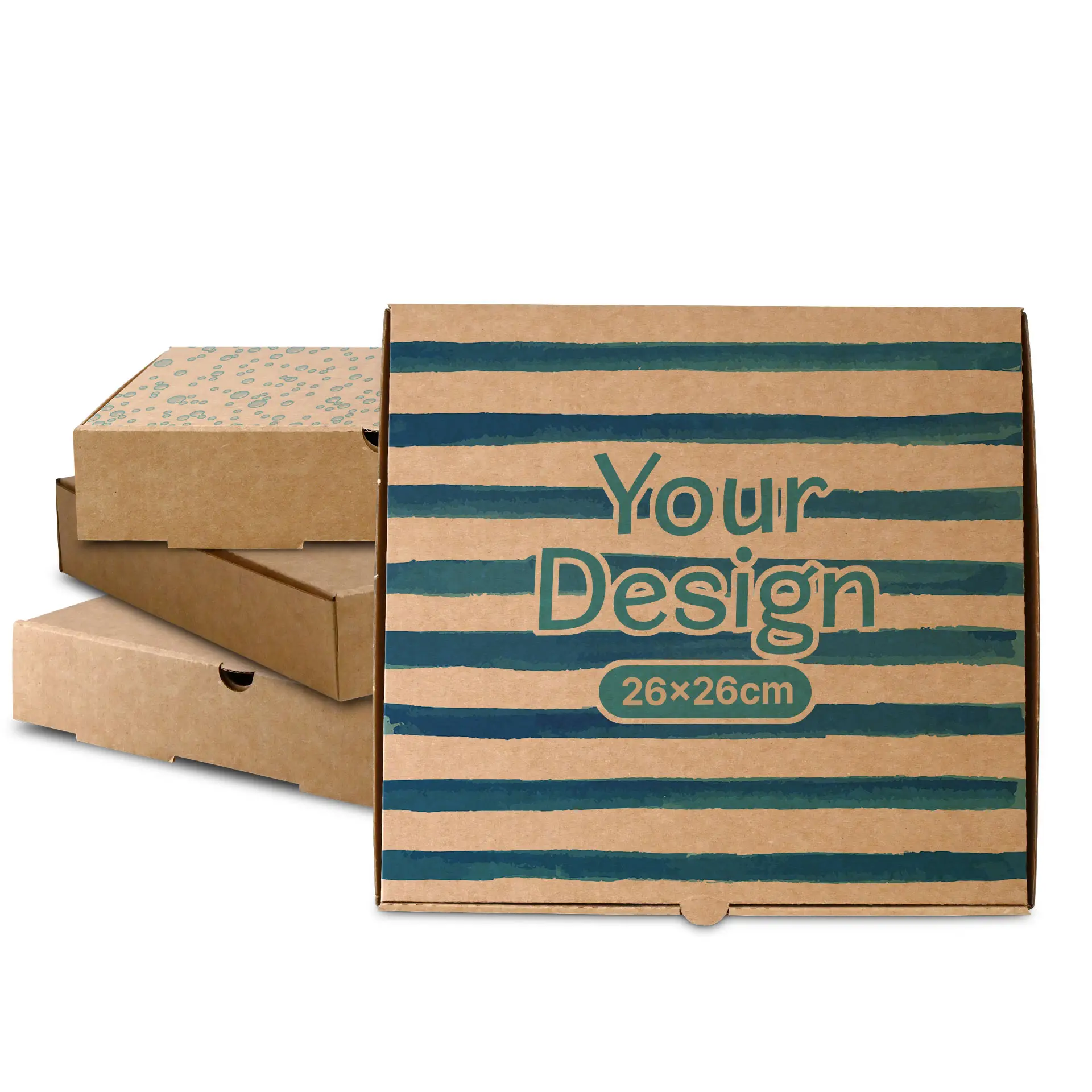 Scatola per pizza marrone con strisce blu e testo, misura 26 x 26 cm, con diverse scatole simili sullo sfondo.