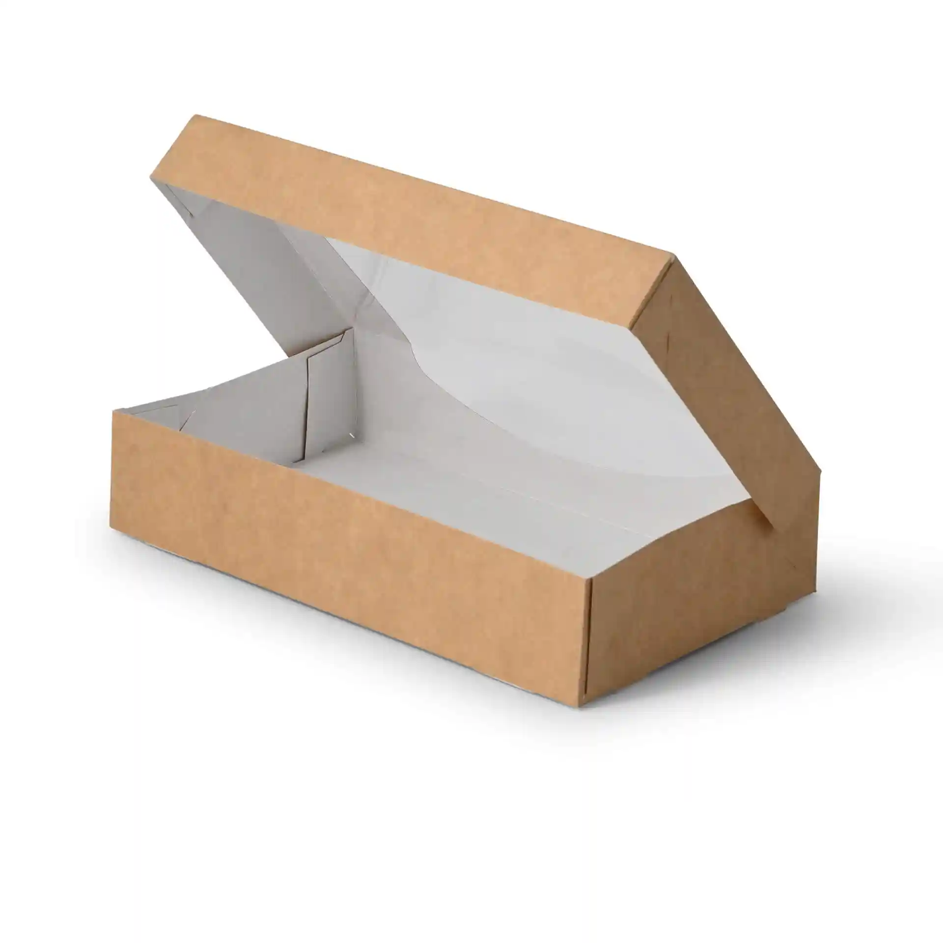 Scatola in cartone marrone con interno bianco, misura 20 x 12 x 4 cm, parzialmente aperta.