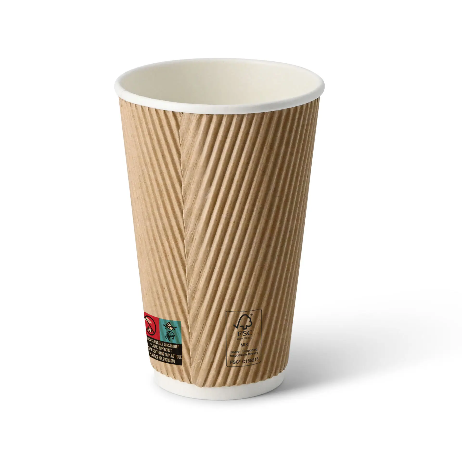 Tazza da caffè marrone a ondulazioni con interno bianco, capacità di 16 oz, forma rotonda e simboli di certificazione visibili.