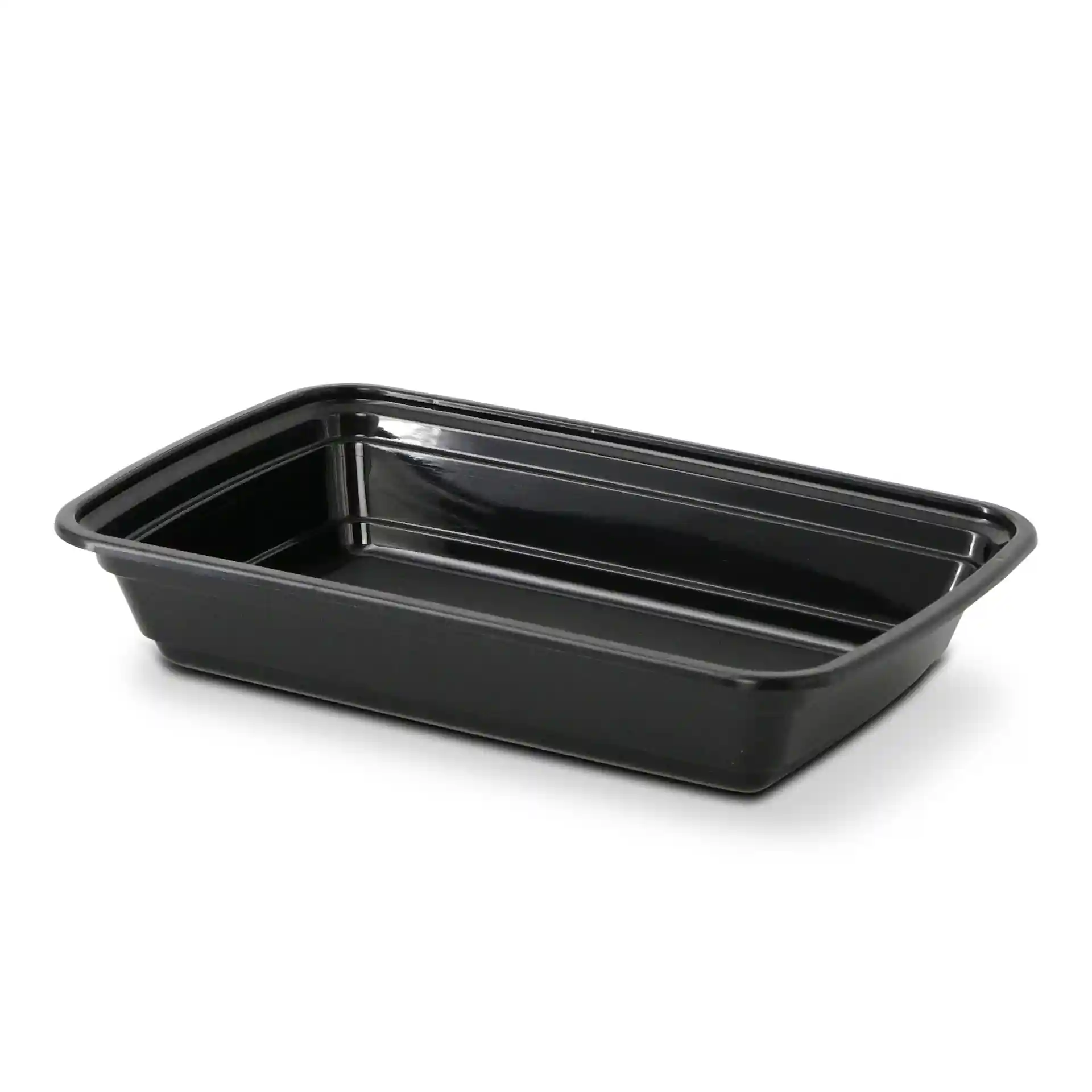 Contenitore rettangolare riutilizzabile nero in polipropilene, lungo 185 mm, largo 125 mm e alto 34 mm.