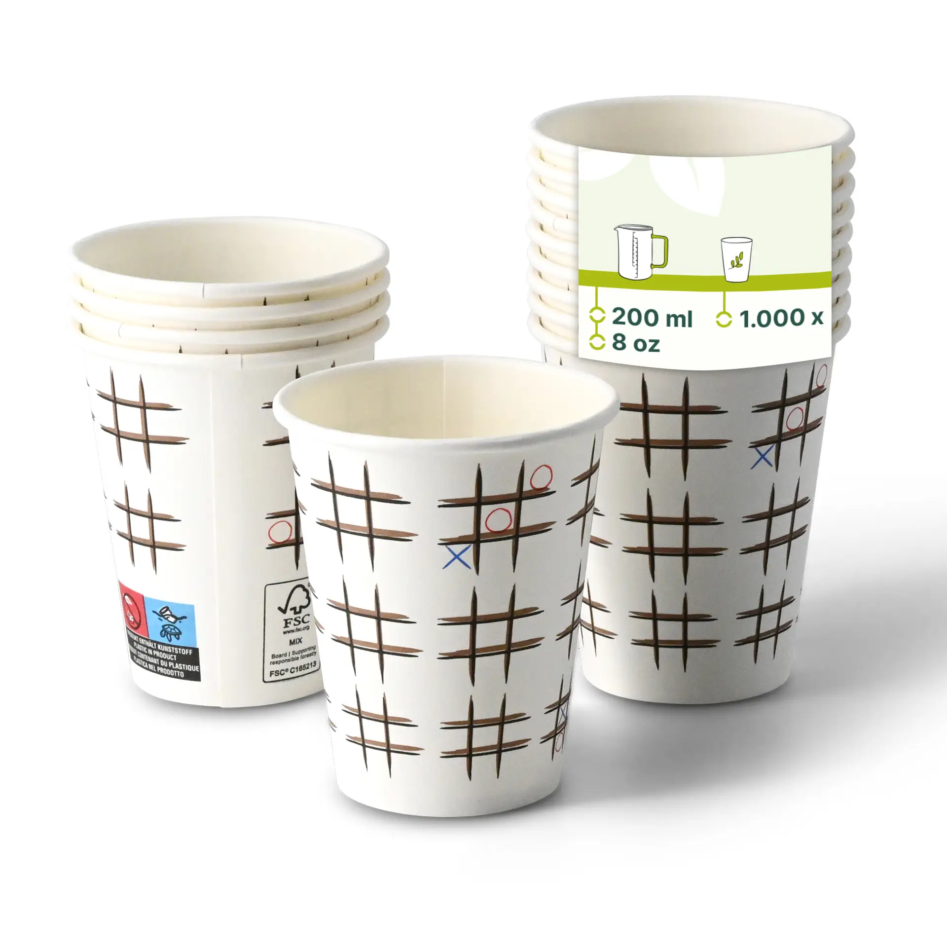 Bicchieri di carta bianchi con stampa "Tic Tac Toe", forma rotonda, capacità di 8 oz, impilati con un bicchiere davanti.
